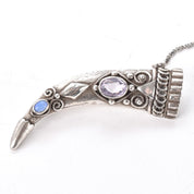 Silver Dagger Brooch with Amethyst, Moonstone, and Mother of Pearl