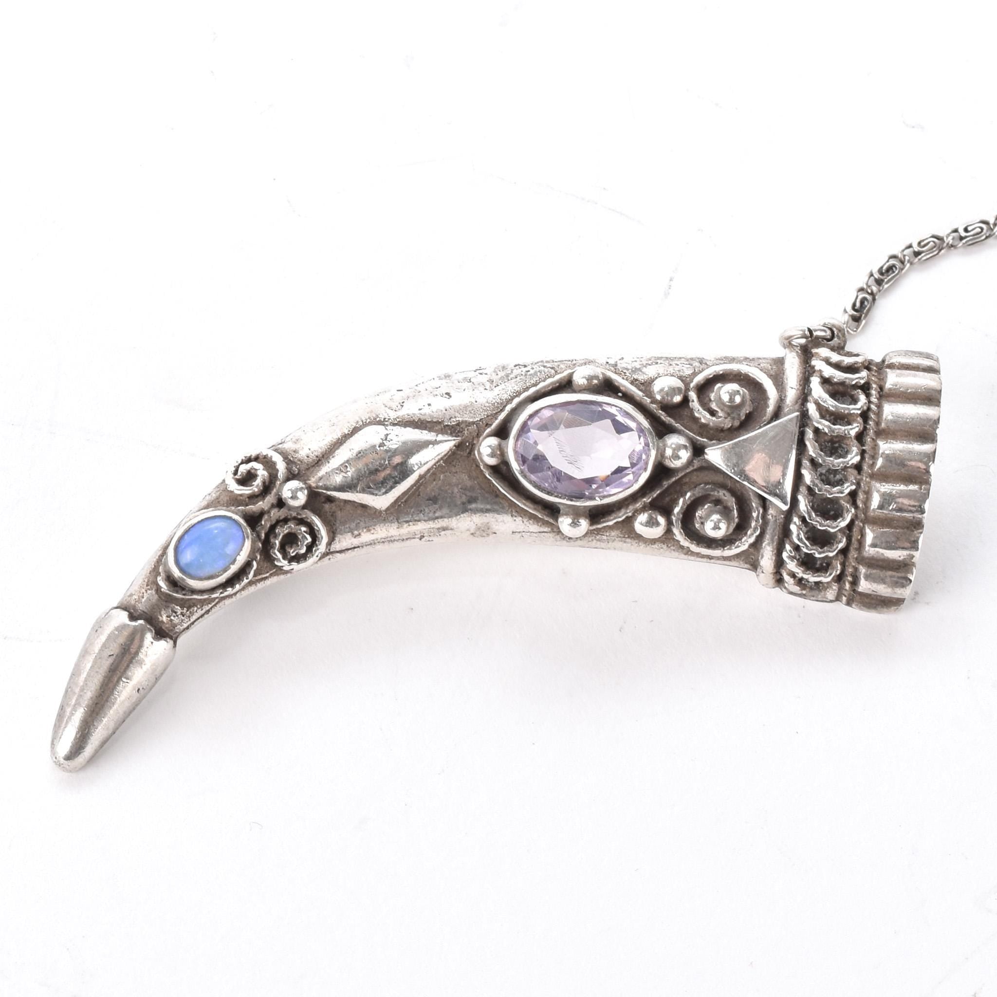 Silver Dagger Brooch with Amethyst, Moonstone, and Mother of Pearl