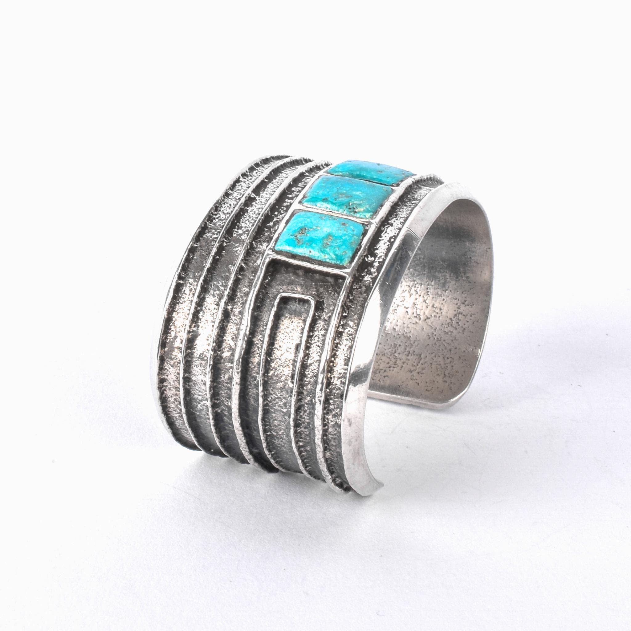 1950s Hopi Preston Monongye Cast Sterling Silver and Turquoise Modernist Cuff Bracelet