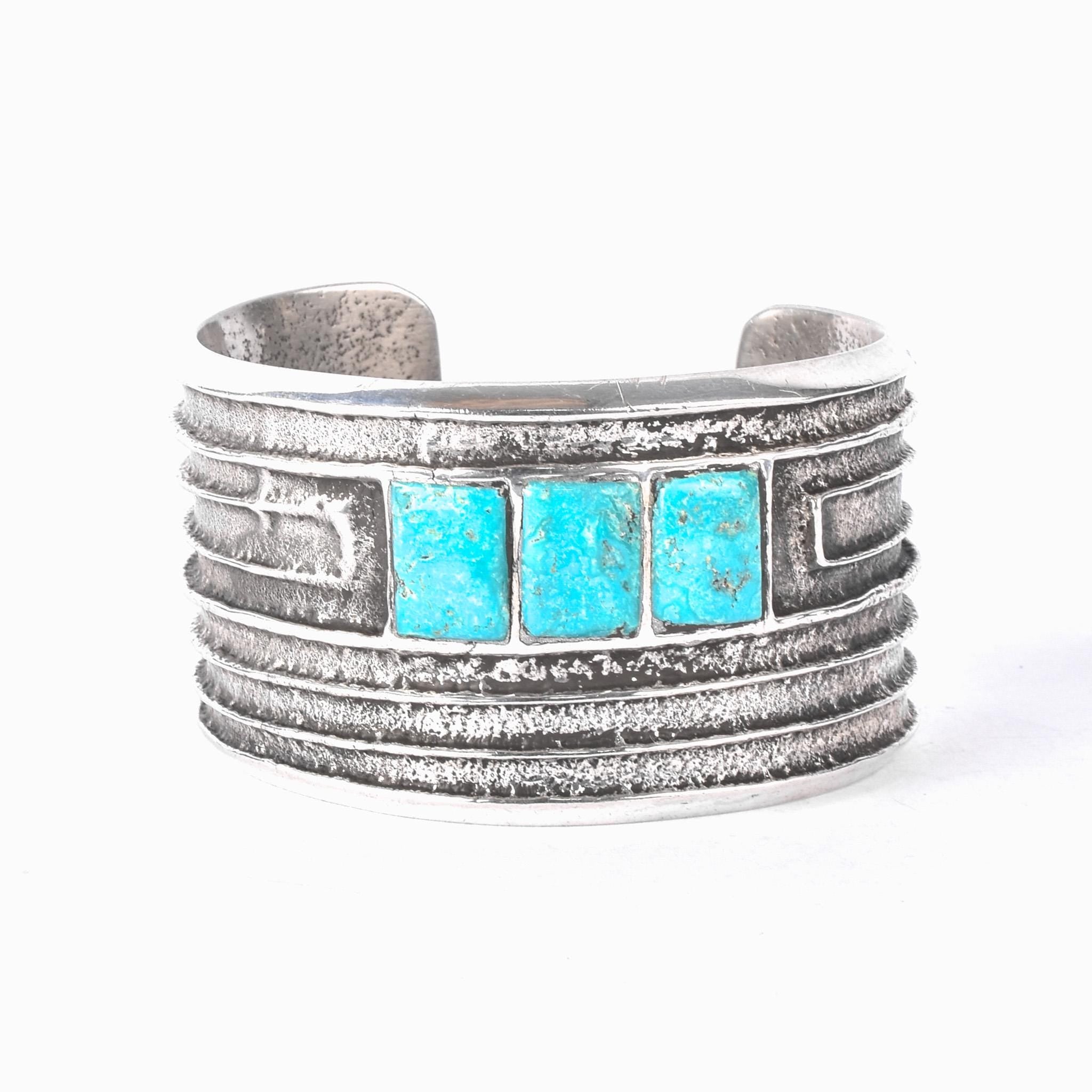 1950s Hopi Preston Monongye Cast Sterling Silver and Turquoise Modernist Cuff Bracelet