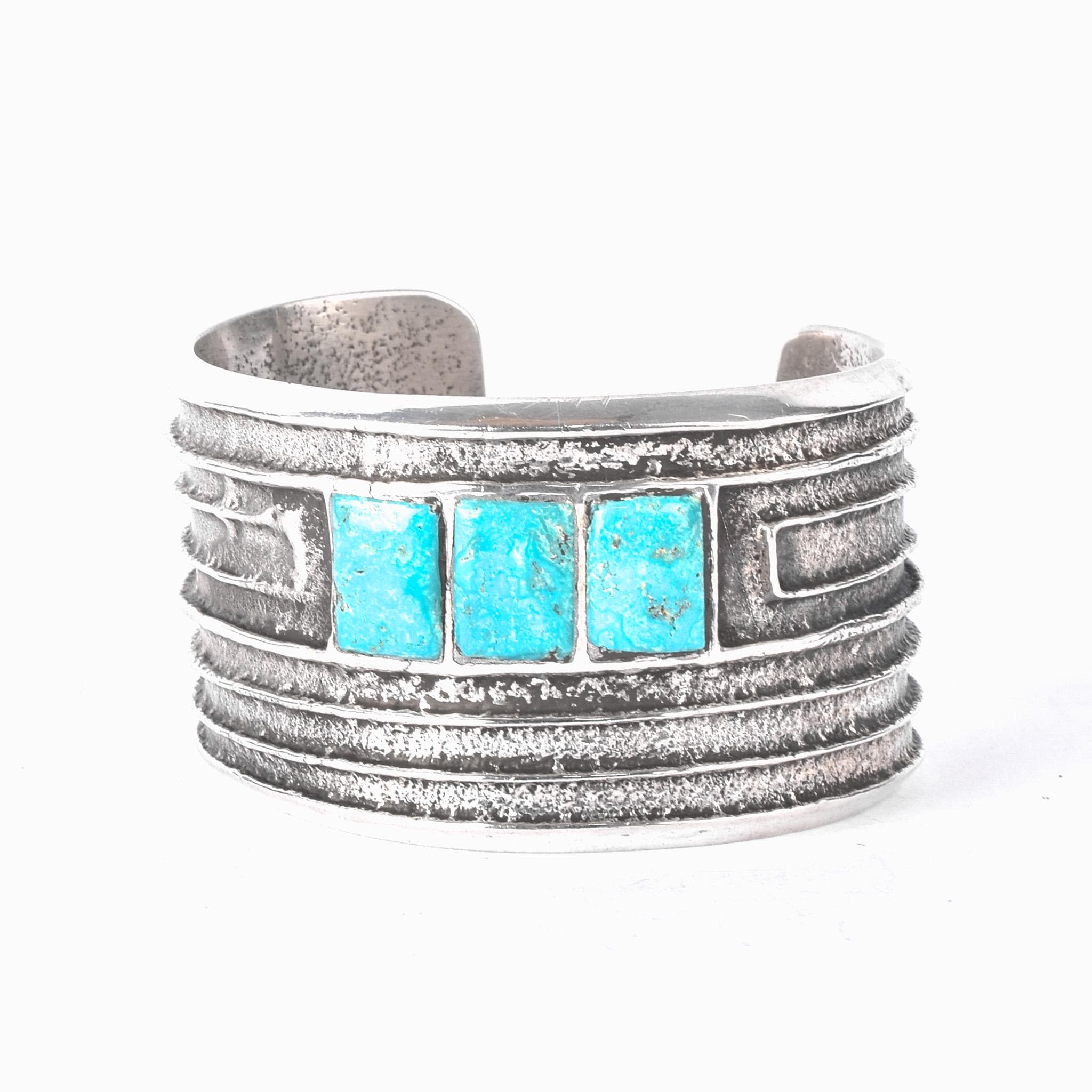1950s Hopi Preston Monongye Cast Sterling Silver and Turquoise Modernist Cuff Bracelet