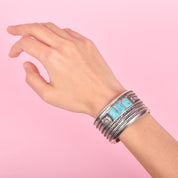1950s Hopi Preston Monongye Cast Sterling Silver and Turquoise Modernist Cuff Bracelet