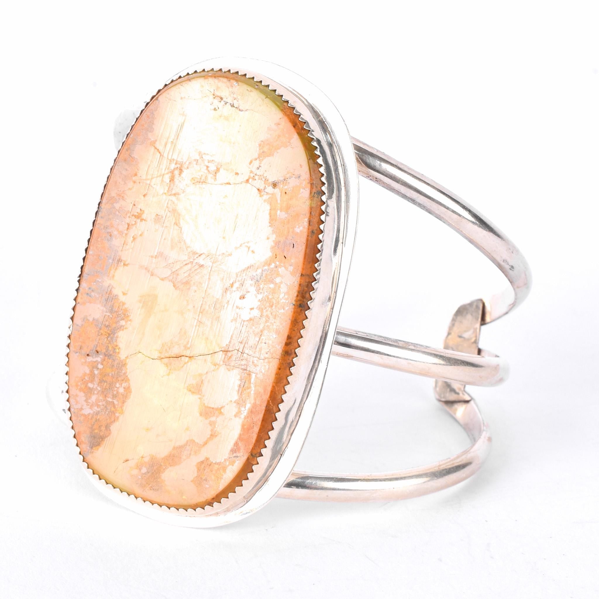 Vintage Massive Green Onyx Sterling Silver Cuff Bracelet, 6in