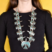 Sterling Silver Turquoise Chip Inlay Peyote Bird Squash Blossom