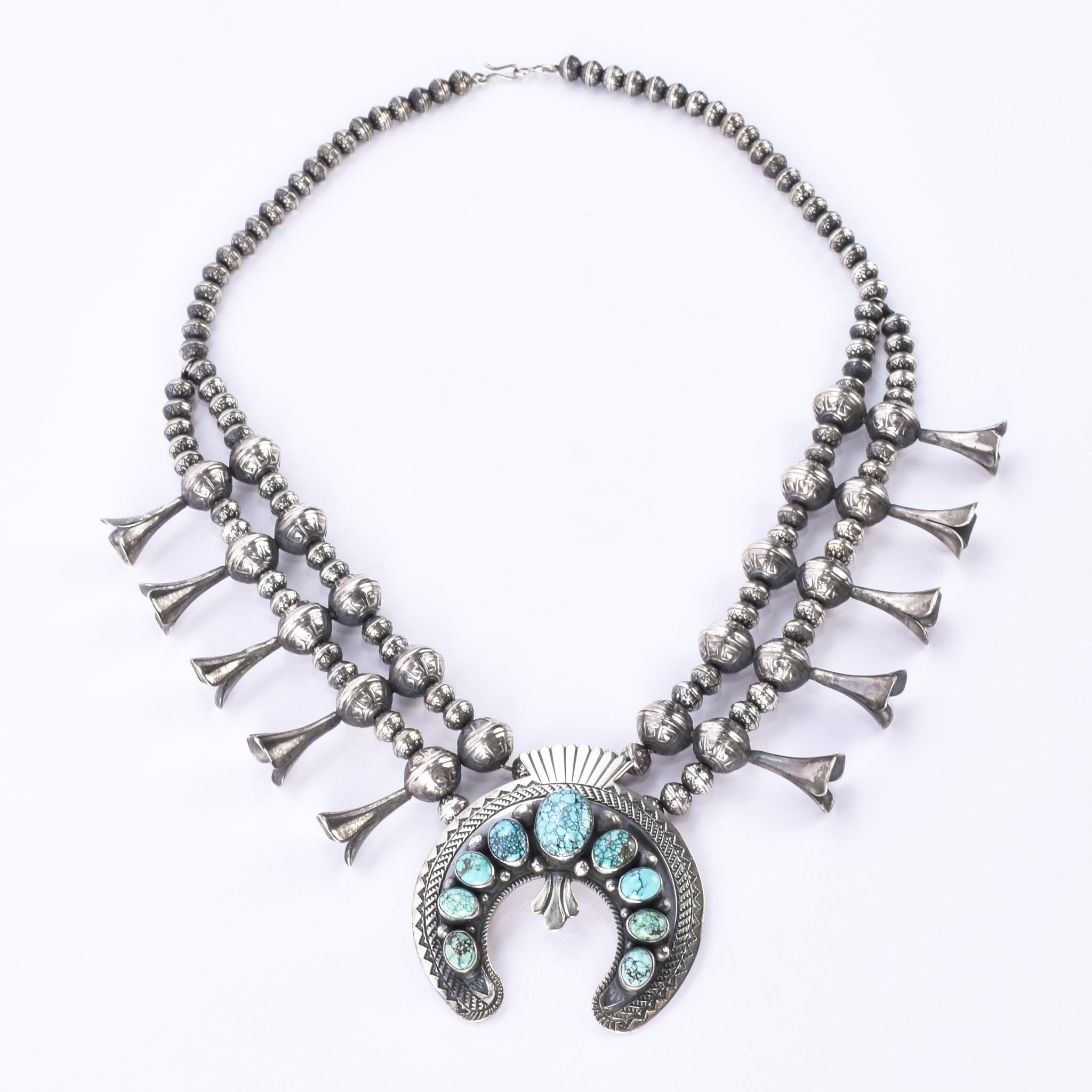 Sterling Silver and Turquoise Horseshoe Squash Blossom Necklace