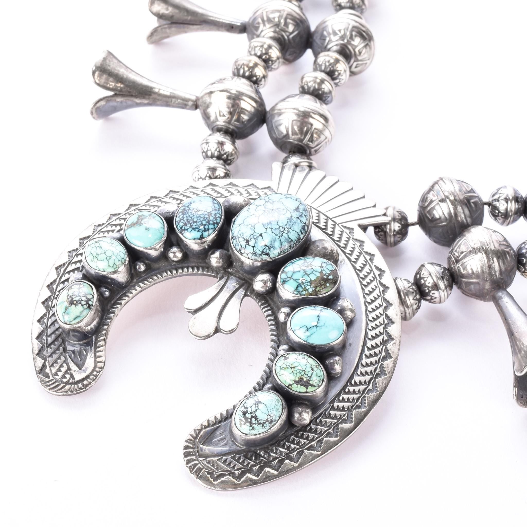 Sterling Silver and Turquoise Horseshoe Squash Blossom Necklace