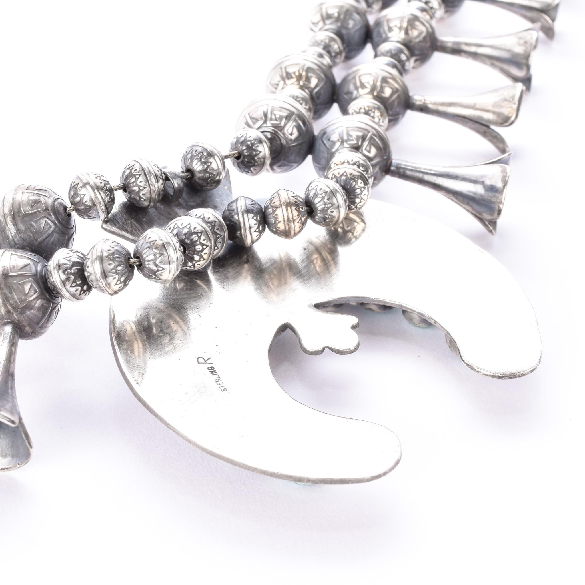 Sterling Silver and Turquoise Horseshoe Squash Blossom Necklace