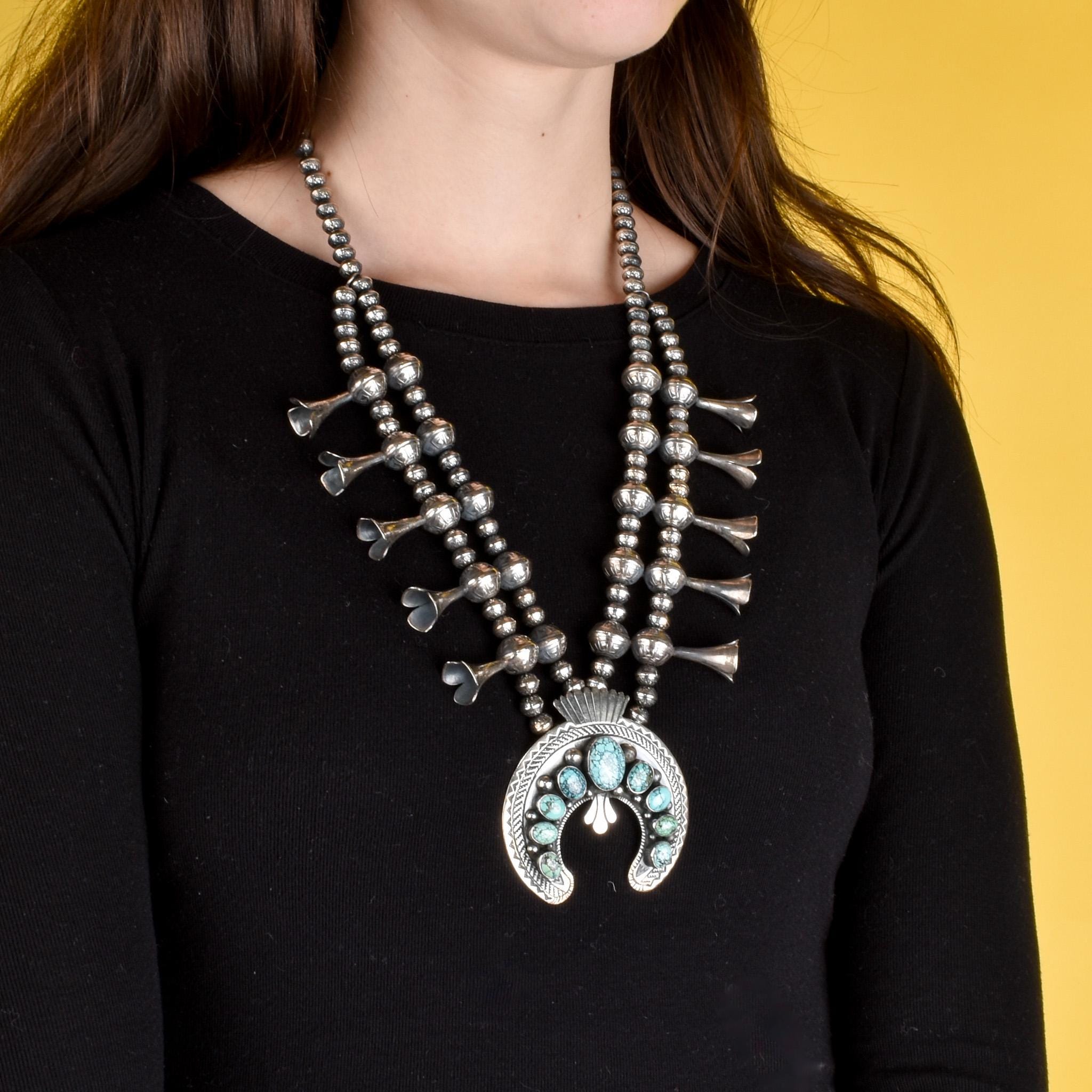 Sterling Silver and Turquoise Horseshoe Squash Blossom Necklace