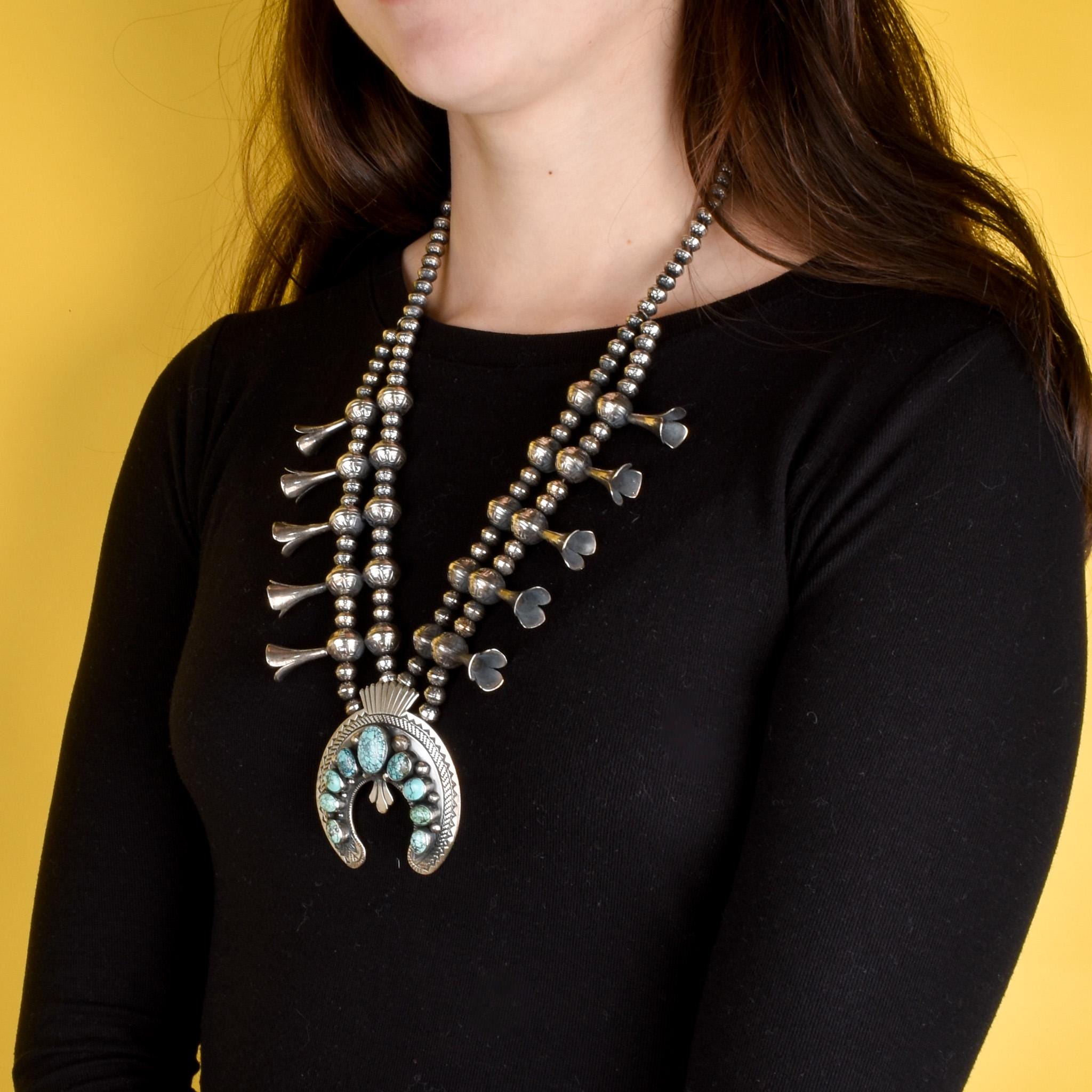 Sterling Silver and Turquoise Horseshoe Squash Blossom Necklace