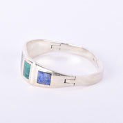 Taxco Sterling Silver Malachite & Turquoise Multi-Gemstone Inlay Bracelet