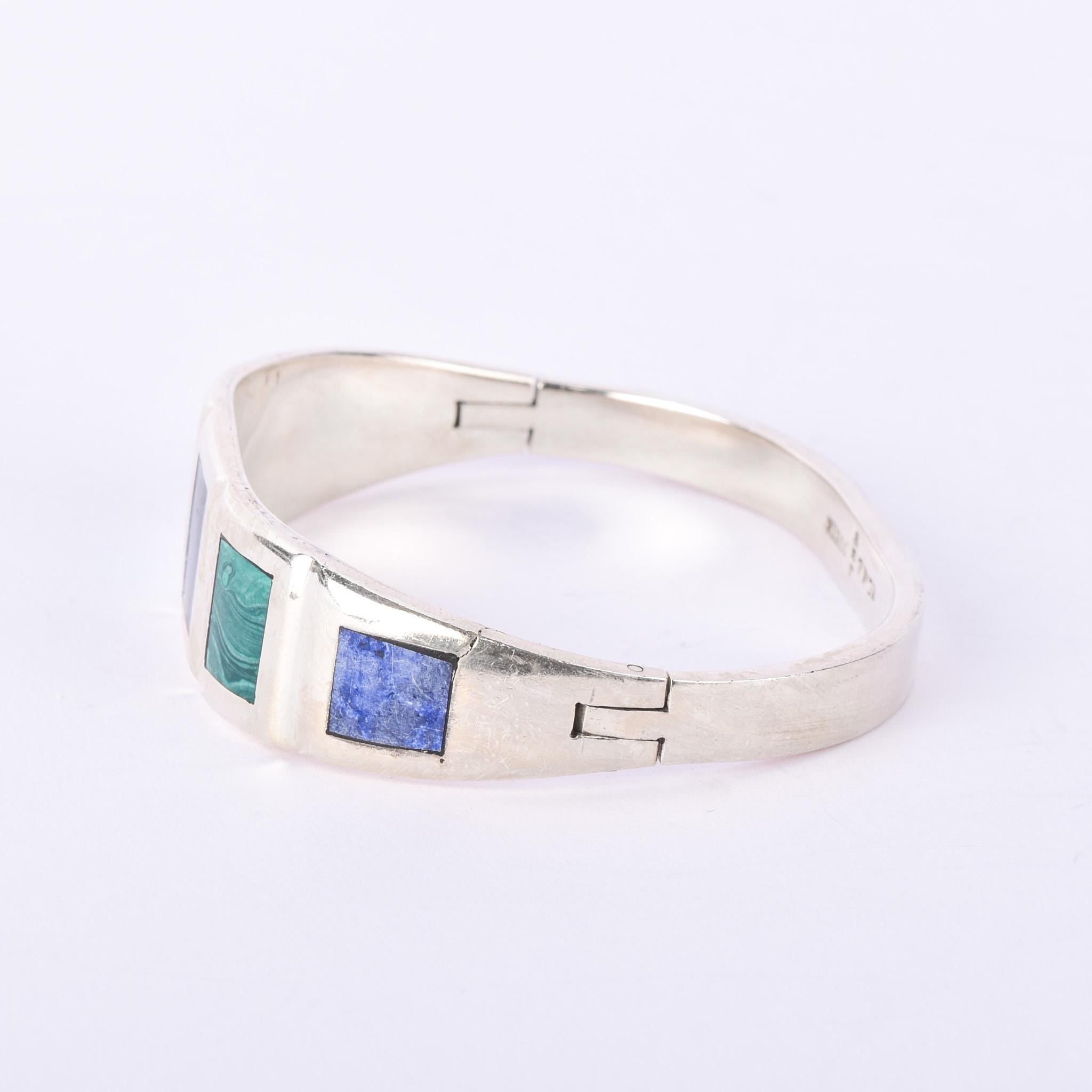 Taxco Sterling Silver Malachite & Turquoise Multi-Gemstone Inlay Bracelet