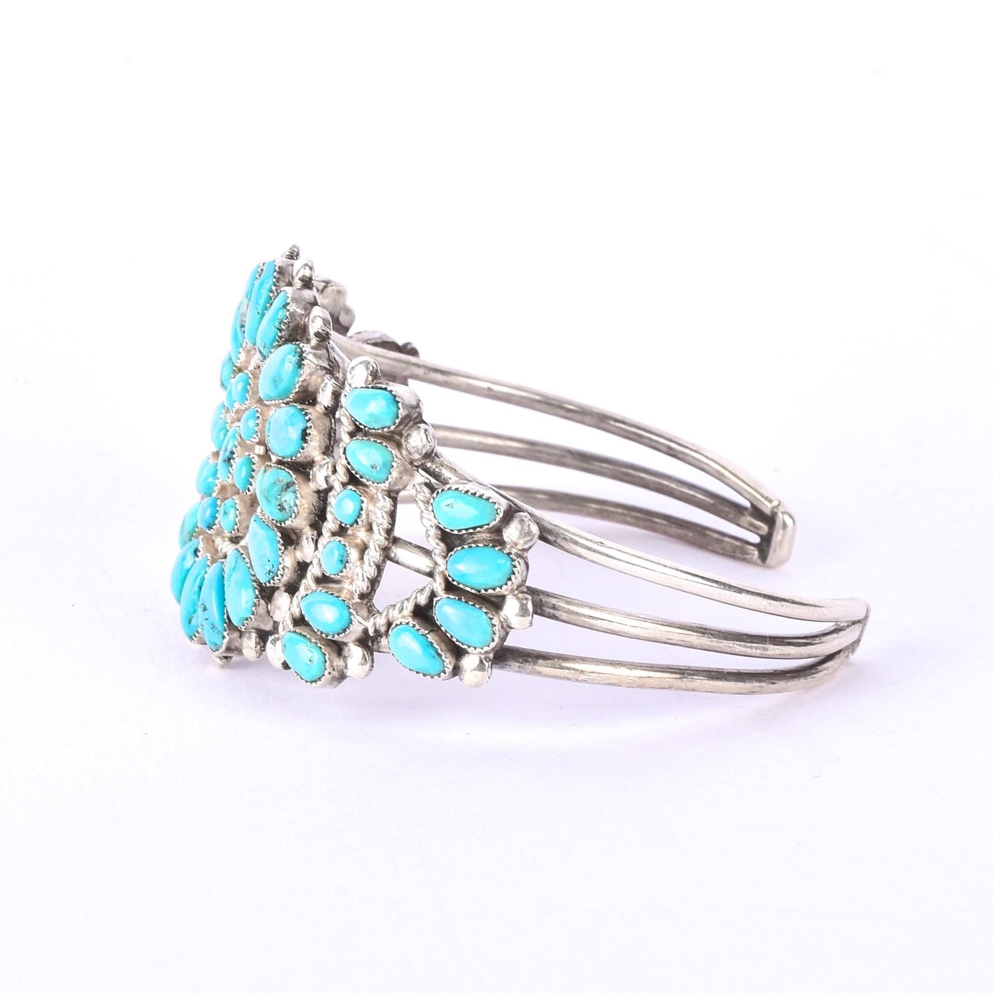 Navajo Sterling Silver Cluster Turquoise Cuff Bracelet