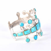 1970s Signed Jack Adakai Unique Sterling Silver & Turquoise Cuff Bracelet