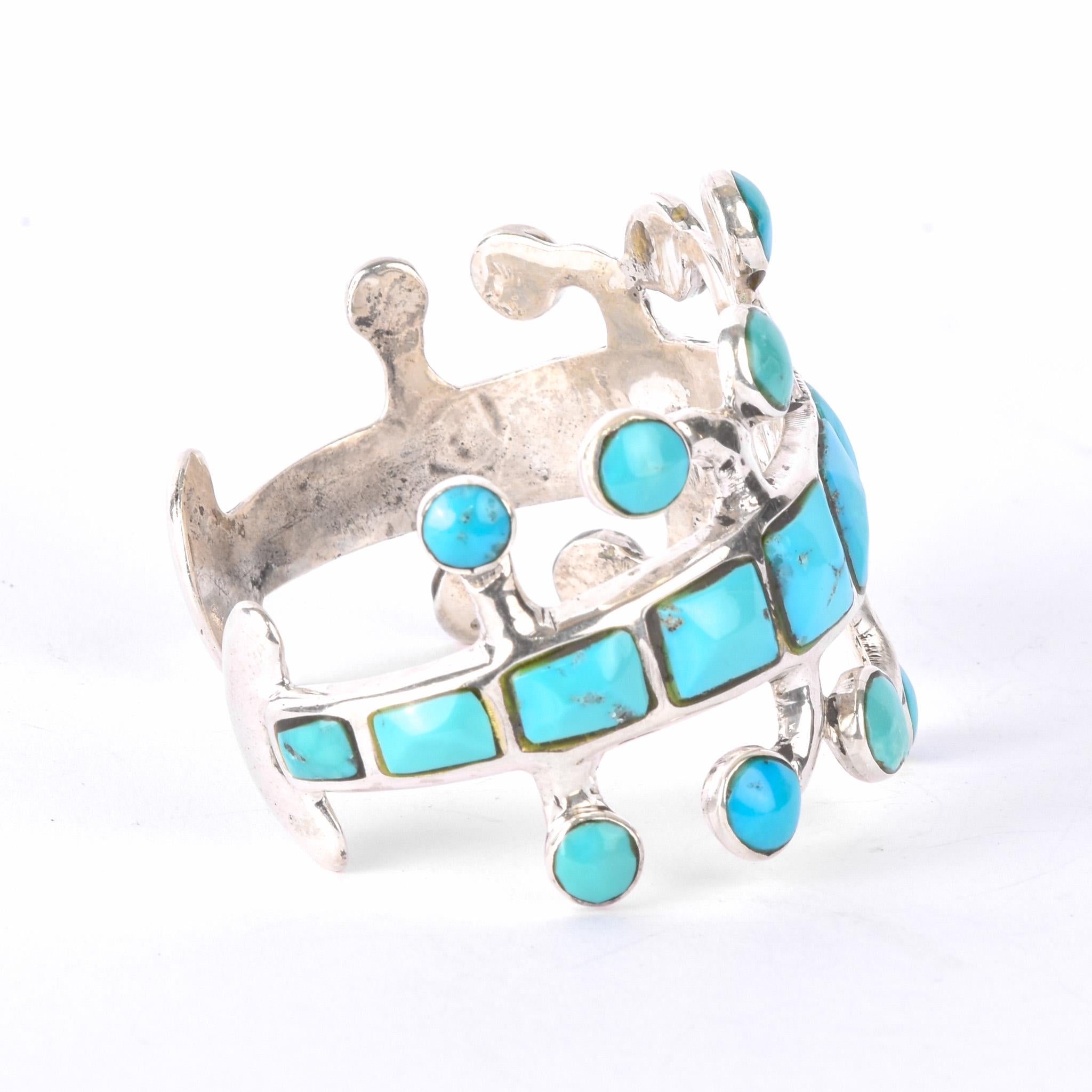 1970s Signed Jack Adakai Unique Sterling Silver & Turquoise Cuff Bracelet