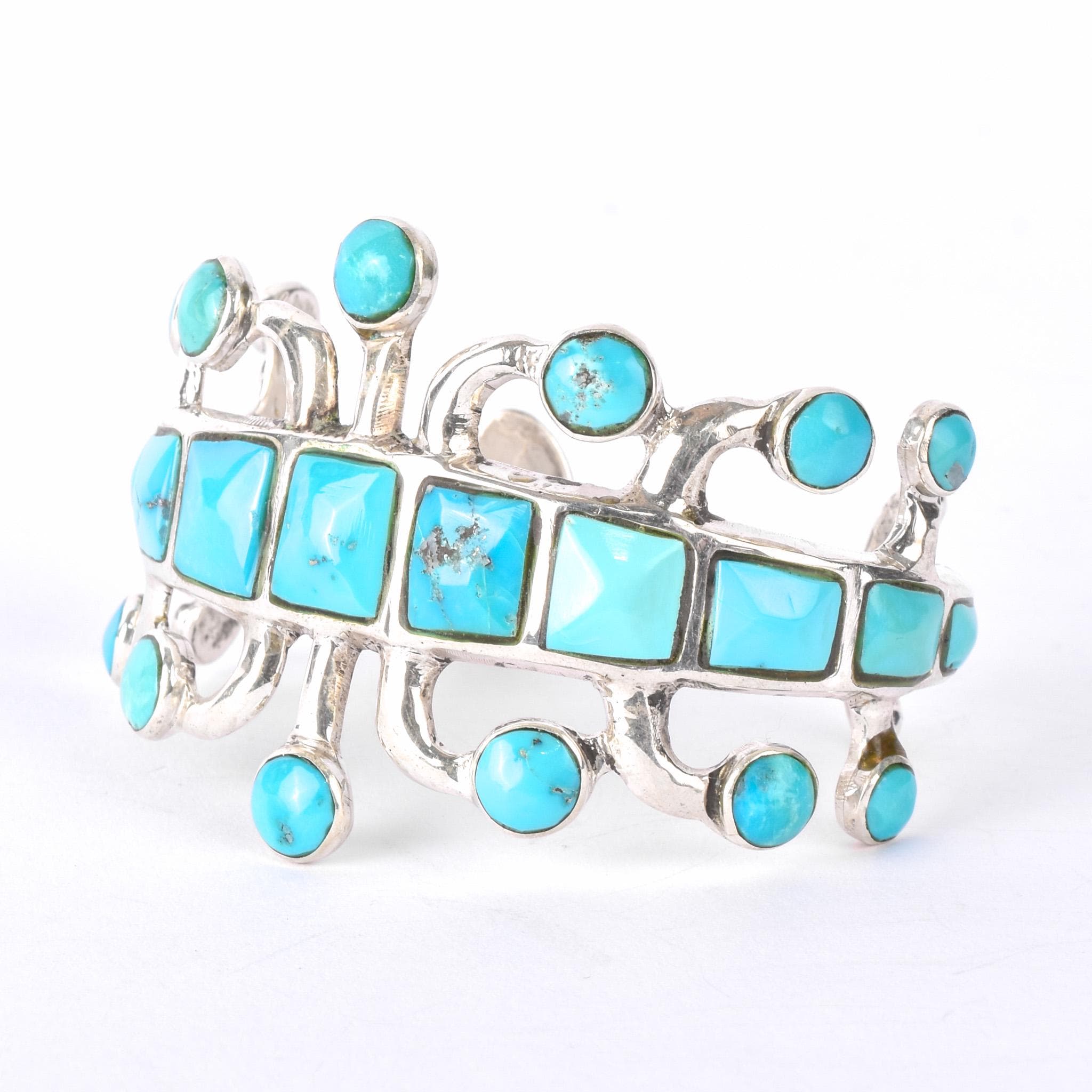 1970s Signed Jack Adakai Unique Sterling Silver & Turquoise Cuff Bracelet