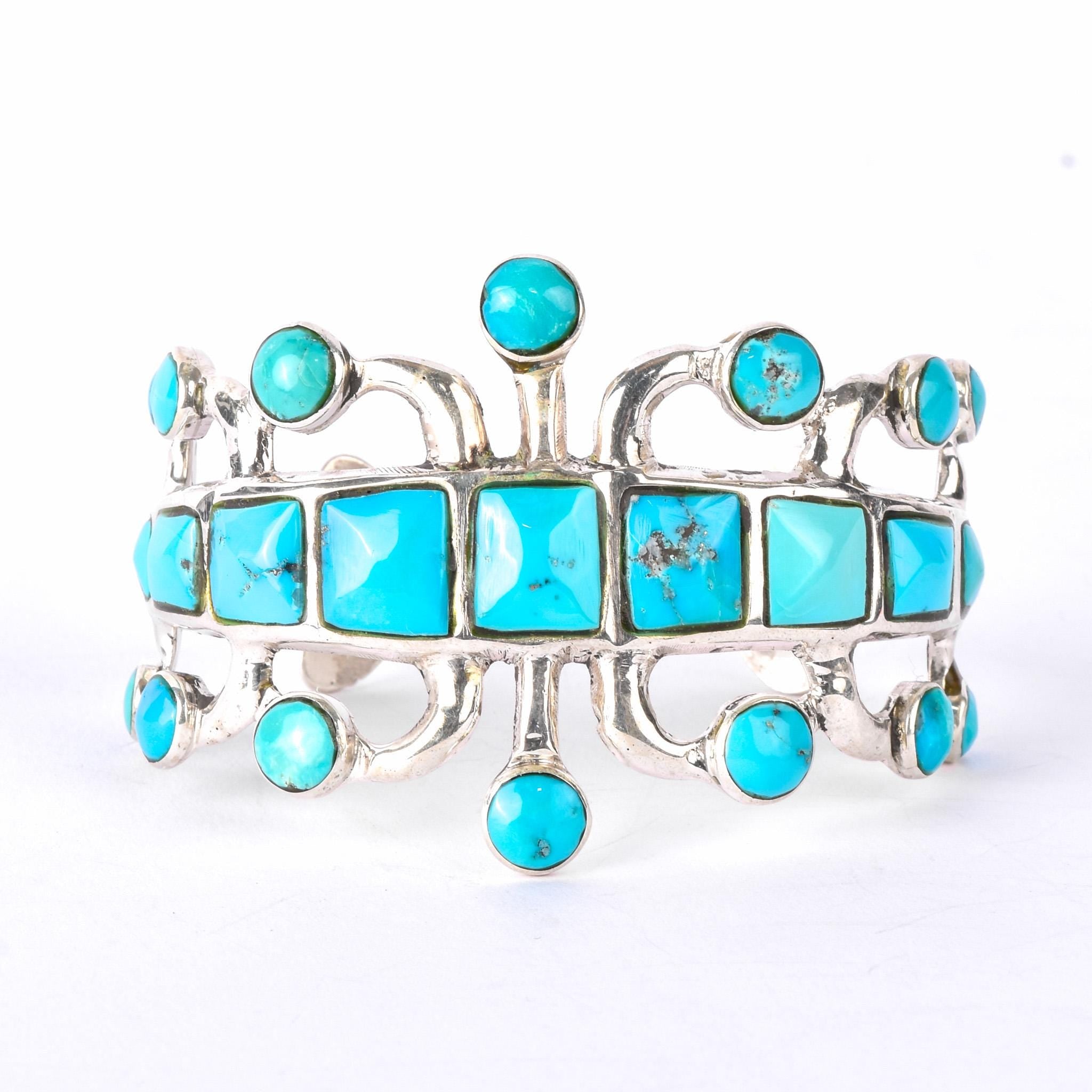 1970s Signed Jack Adakai Unique Sterling Silver & Turquoise Cuff Bracelet
