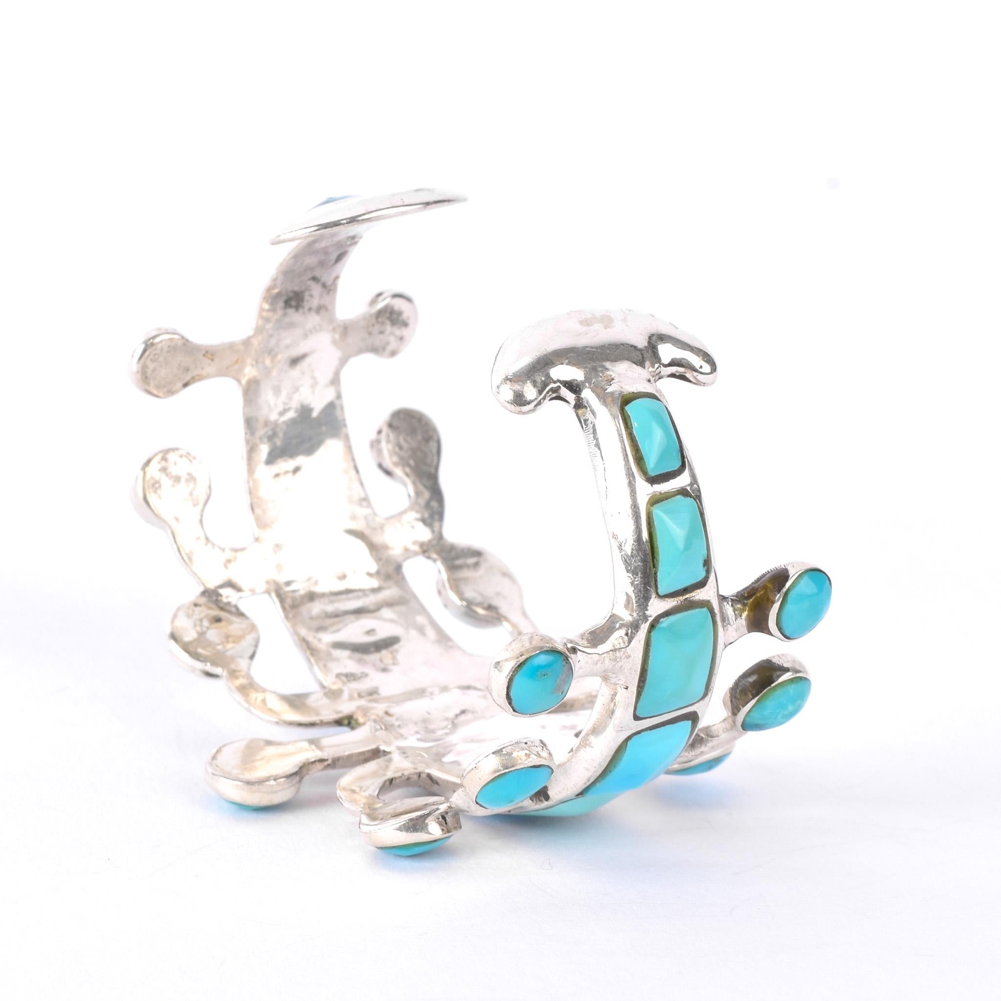 1970s Signed Jack Adakai Unique Sterling Silver & Turquoise Cuff Bracelet