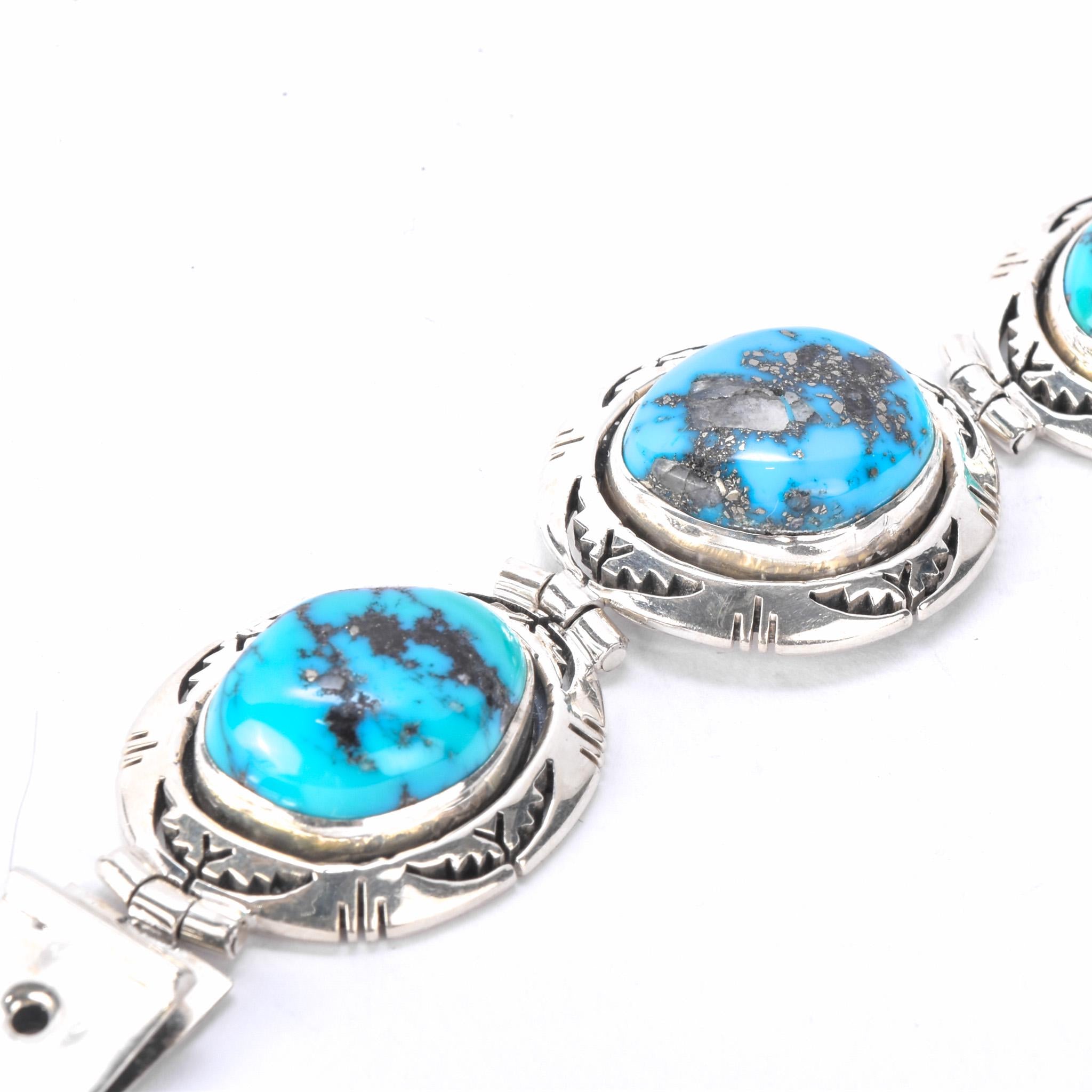 Signed Ben Piaso Jr Navajo Sterling Silver & Turquoise Link Bracelet