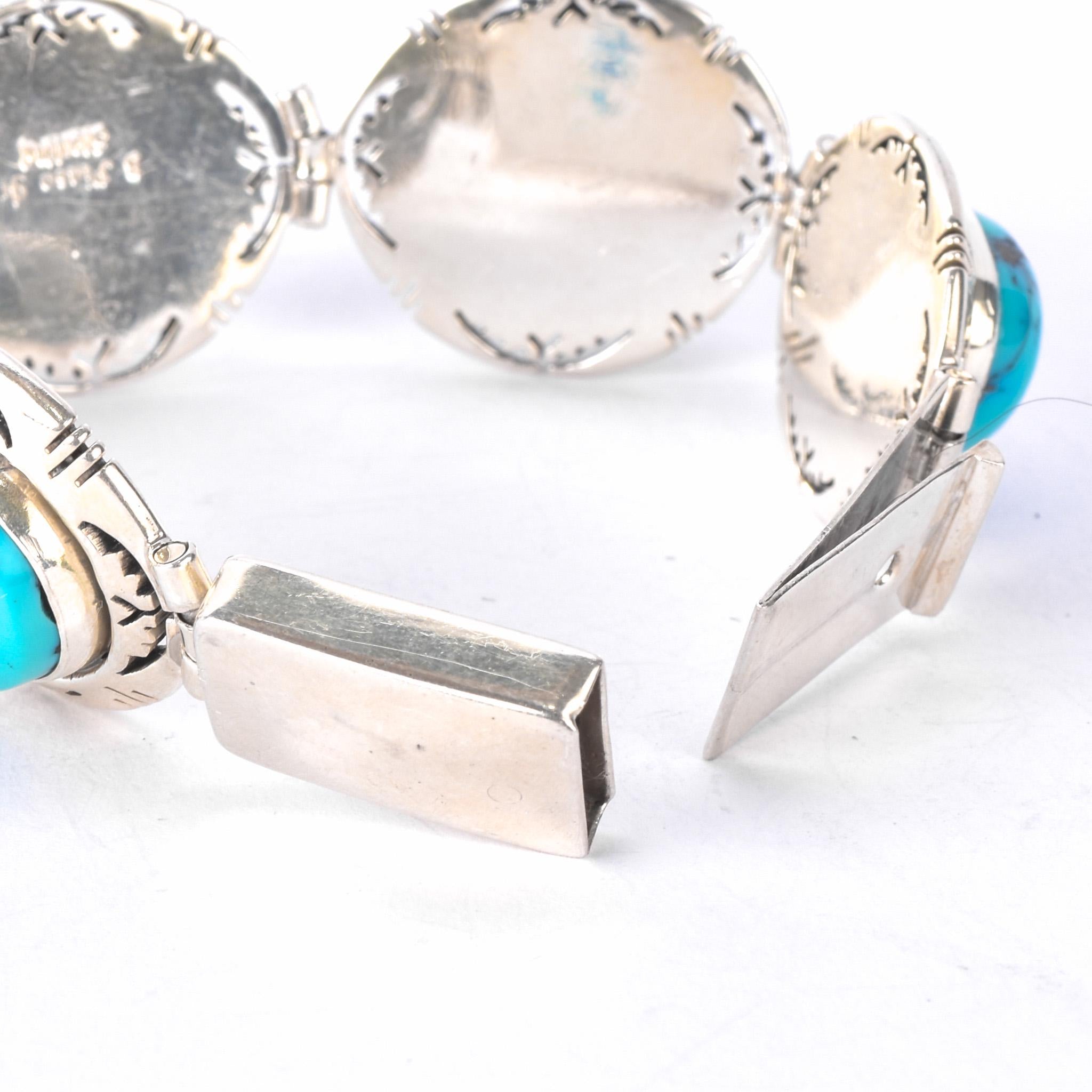 Signed Ben Piaso Jr Navajo Sterling Silver & Turquoise Link Bracelet