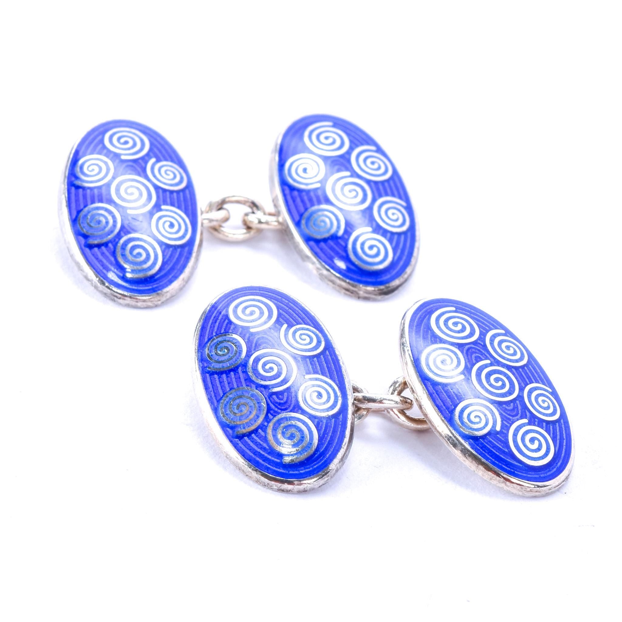 Vintage Sterling Deakin & Francis English Blue Enamel Swirl Chain-Style Cufflinks