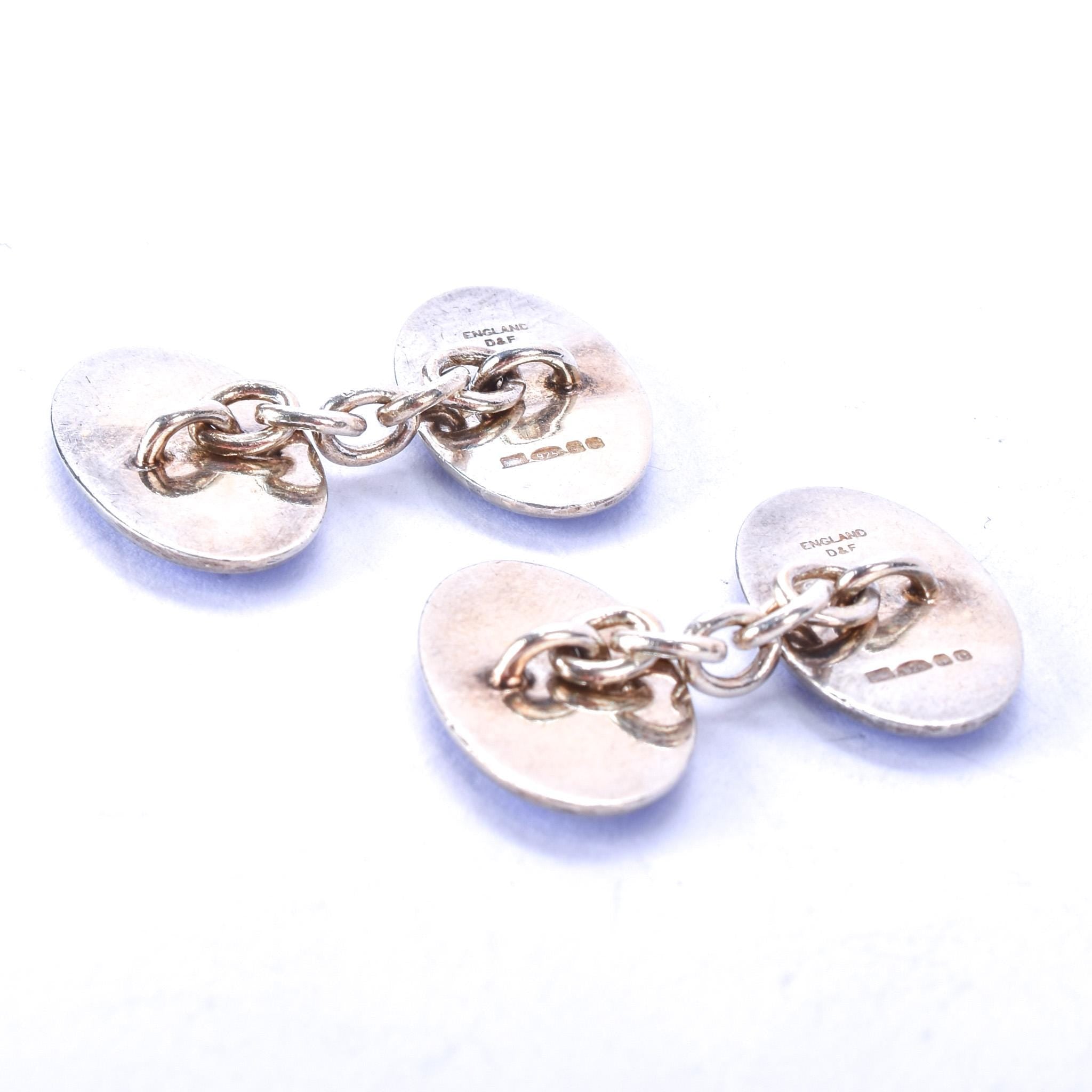 Vintage Sterling Deakin & Francis English Blue Enamel Swirl Chain-Style Cufflinks