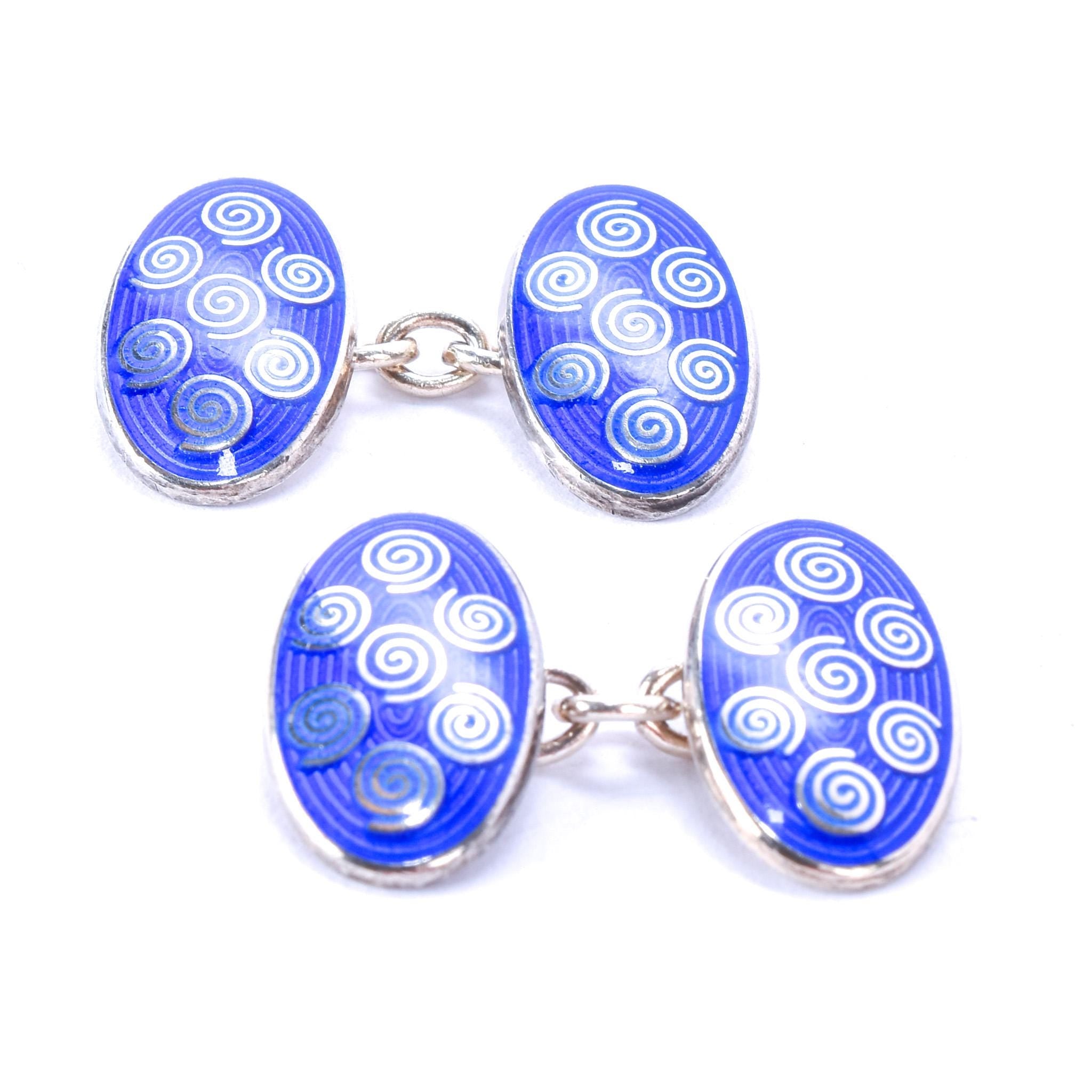 Vintage Sterling Deakin & Francis English Blue Enamel Swirl Chain-Style Cufflinks