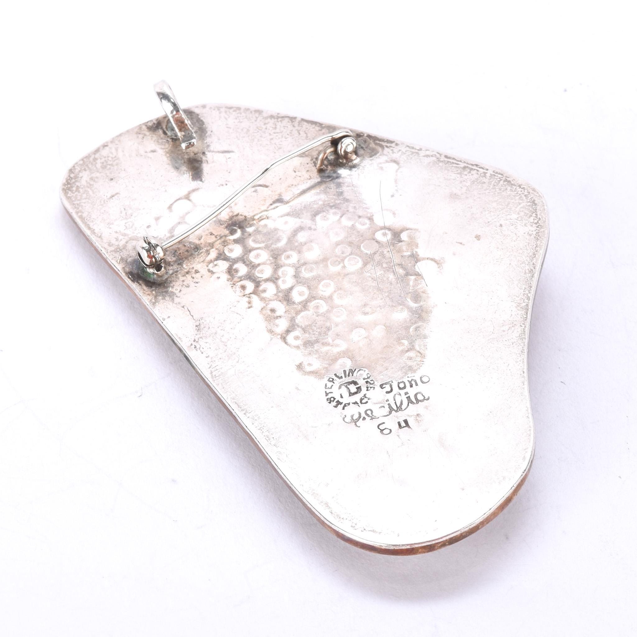 Taxco Sterling Silver, Brass, and Tigers Eye Abstract Brooch/Pendant