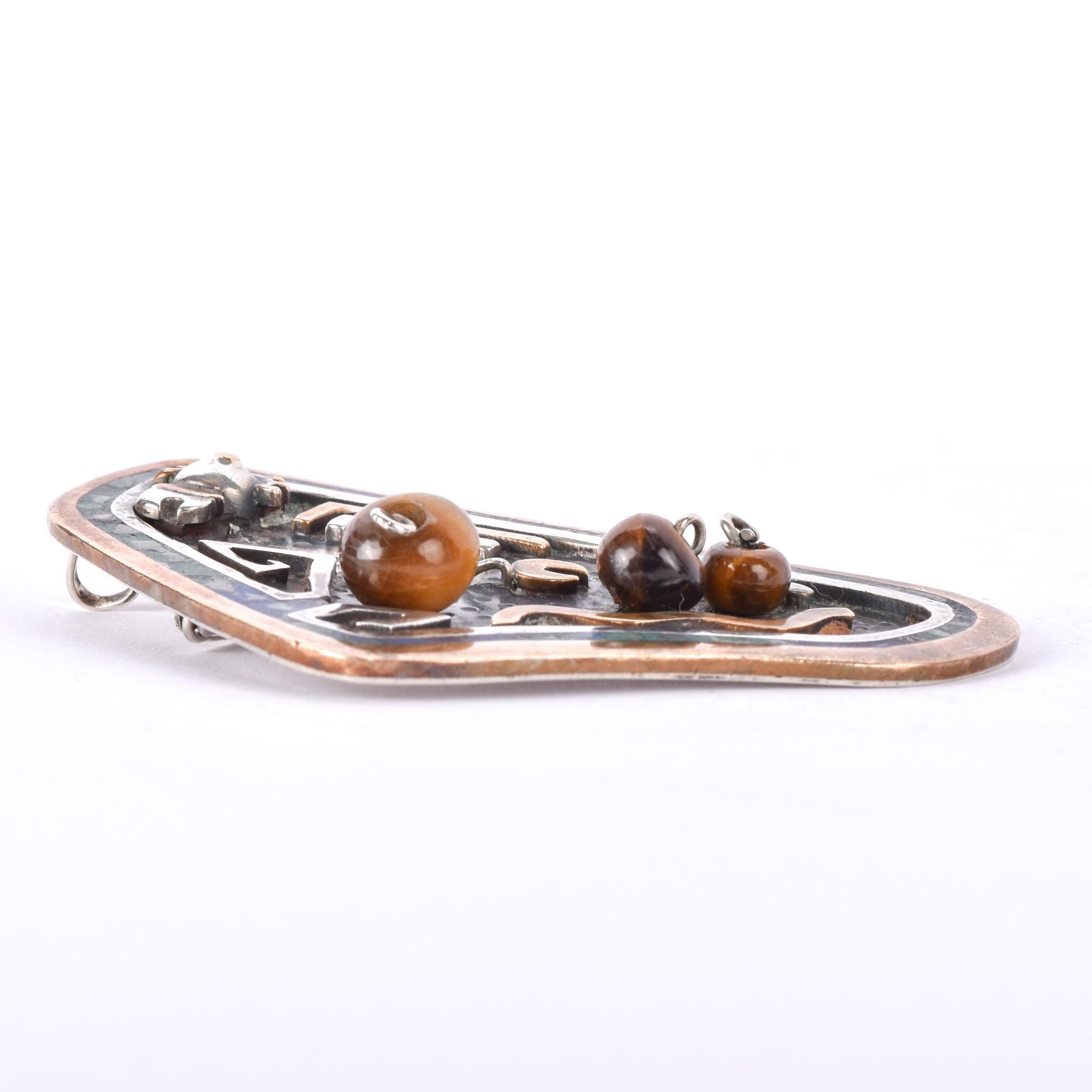 Taxco Sterling Silver, Brass, and Tigers Eye Abstract Brooch/Pendant