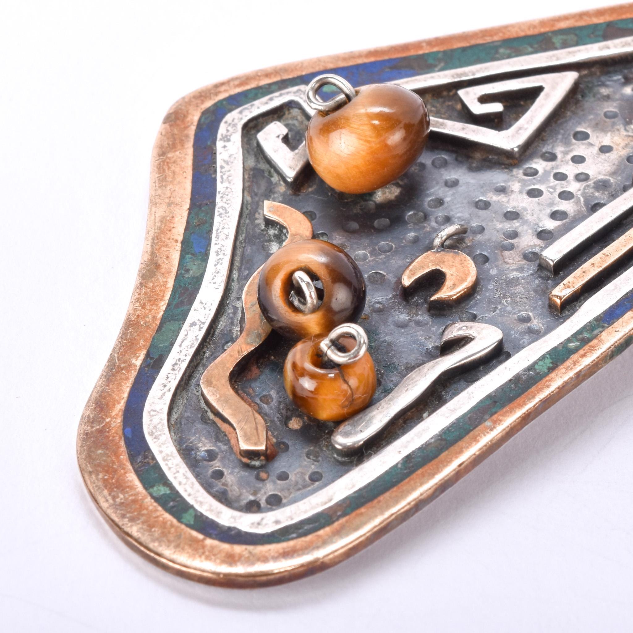 Taxco Sterling Silver, Brass, and Tigers Eye Abstract Brooch/Pendant