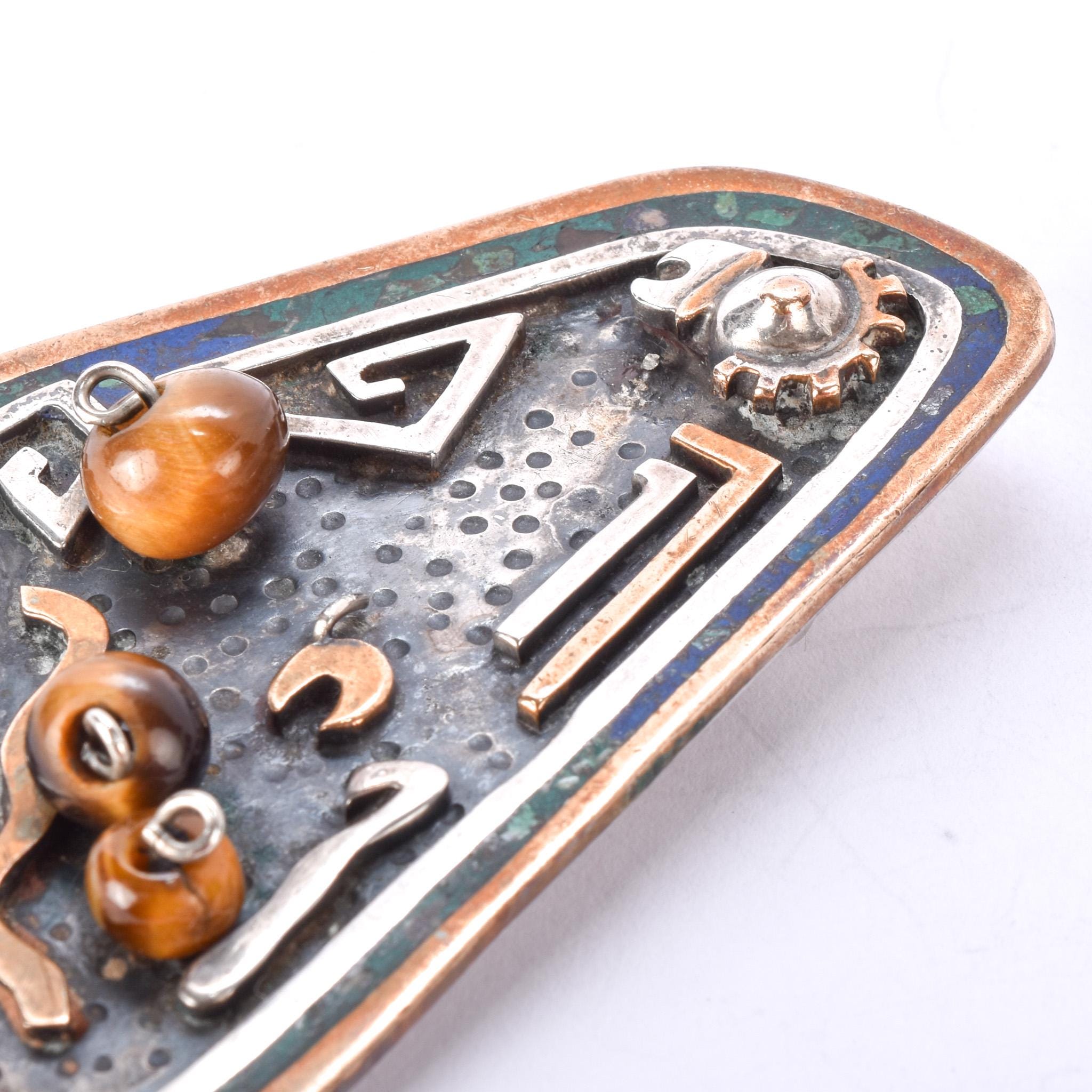 Taxco Sterling Silver, Brass, and Tigers Eye Abstract Brooch/Pendant