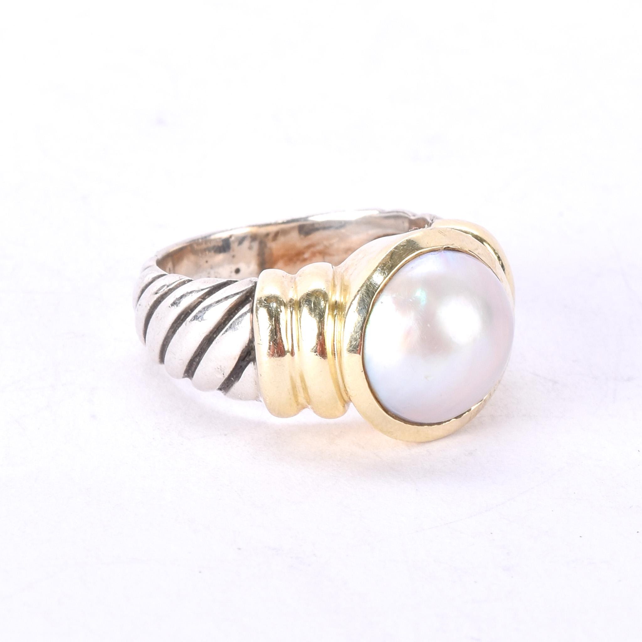 Vintage David Yurman 14K Gold & Sterling Silver Pearl Noblesse Ring