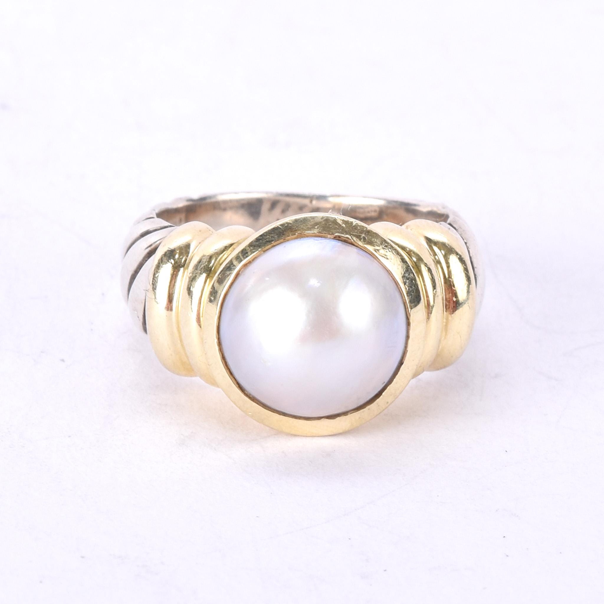 Vintage David Yurman 14K Gold & Sterling Silver Pearl Noblesse Ring