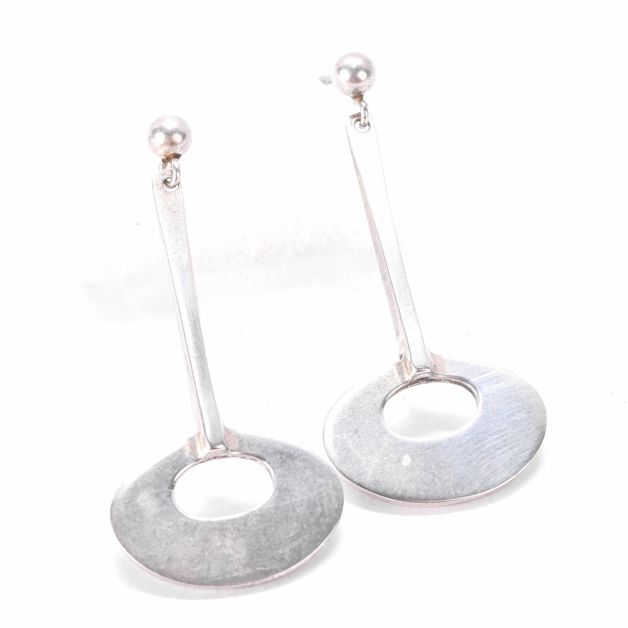 1960s Tone Vigeland Norwegian Mid-Century Sterling Silver Disc Dangle Earrings