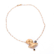 18K Gold Female Bust Pendant with Diamonds and Sapphires on Paperclip Chain