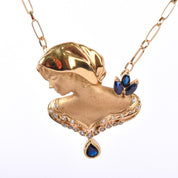 18K Gold Female Bust Pendant with Diamonds and Sapphires on Paperclip Chain