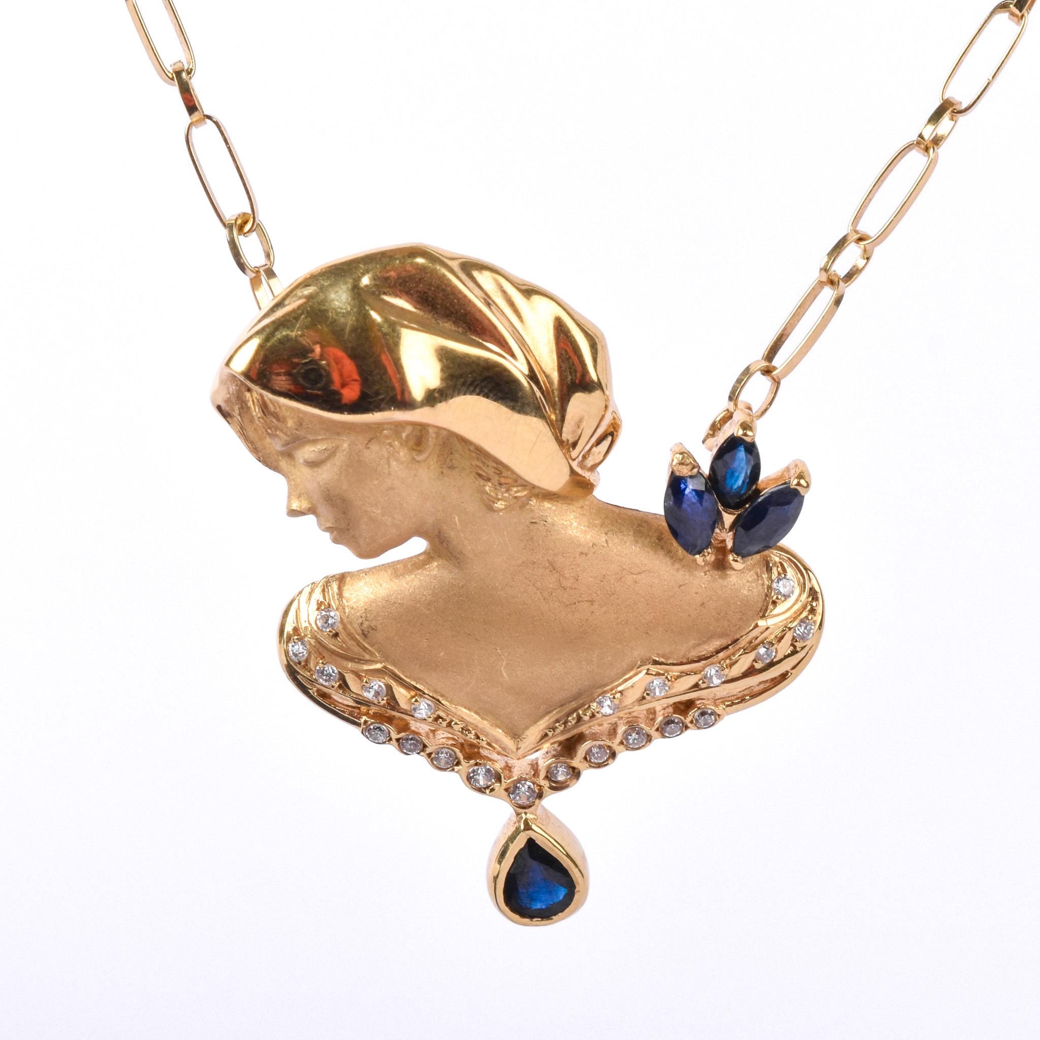 18K Gold Female Bust Pendant with Diamonds and Sapphires on Paperclip Chain