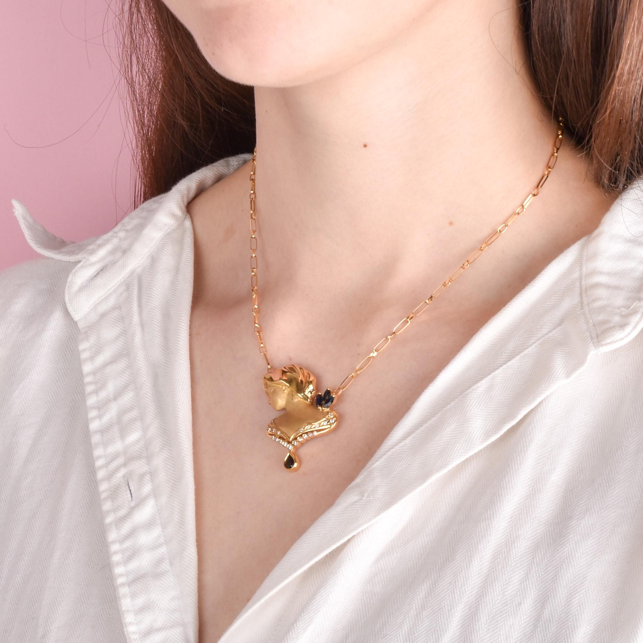 18K Gold Female Bust Pendant with Diamonds and Sapphires on Paperclip Chain