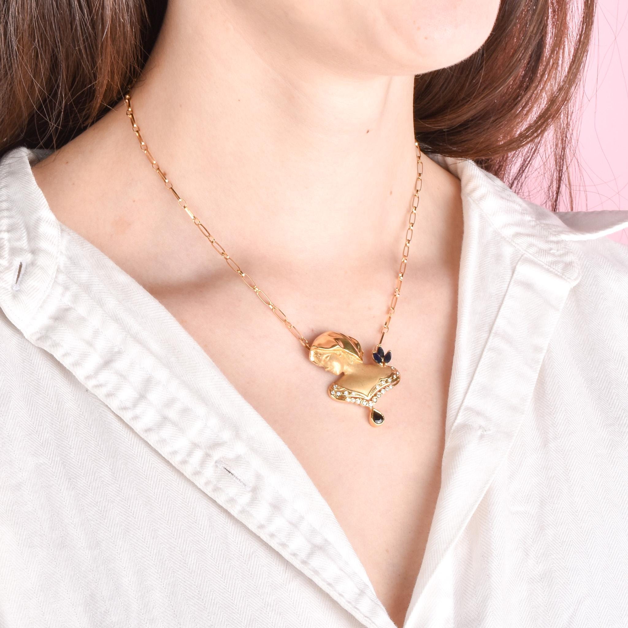 18K Gold Female Bust Pendant with Diamonds and Sapphires on Paperclip Chain