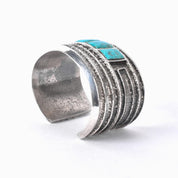 1950s Hopi Preston Monongye Cast Sterling Silver and Turquoise Modernist Cuff Bracelet