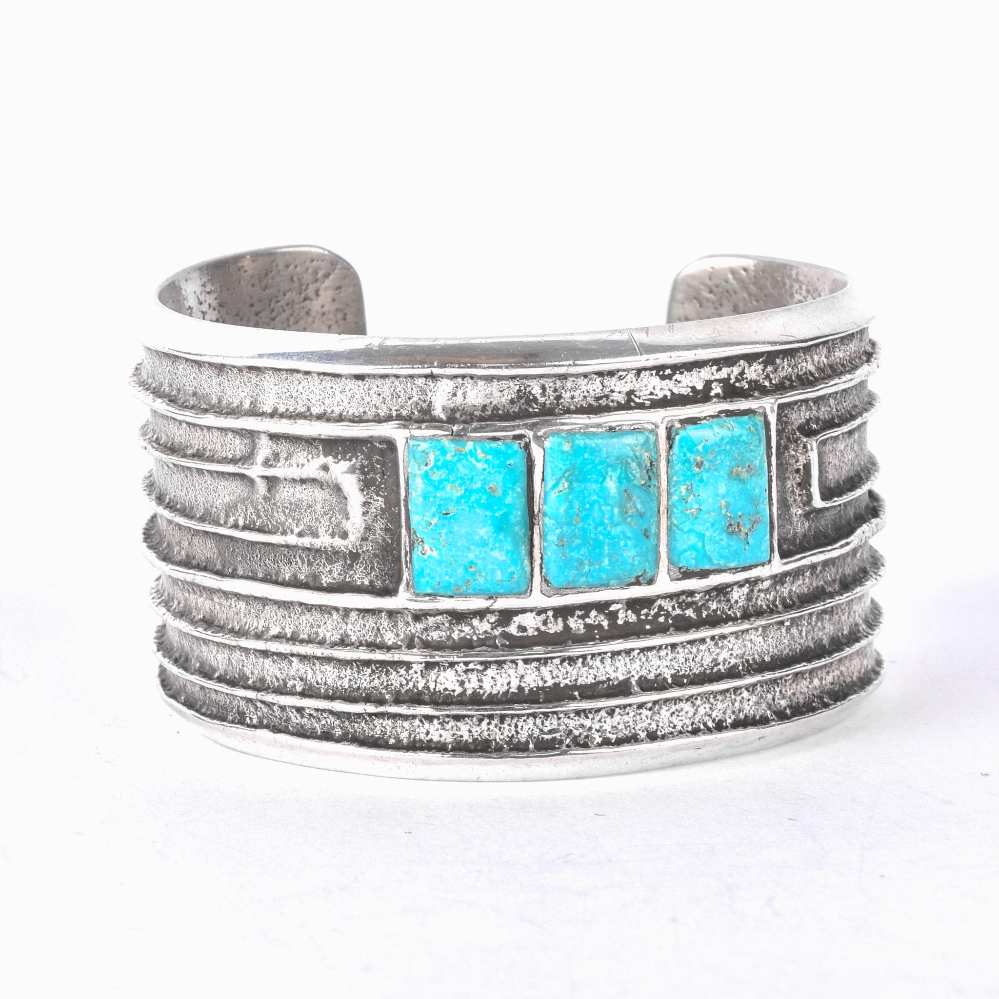 1950s Hopi Preston Monongye Cast Sterling Silver and Turquoise Modernist Cuff Bracelet
