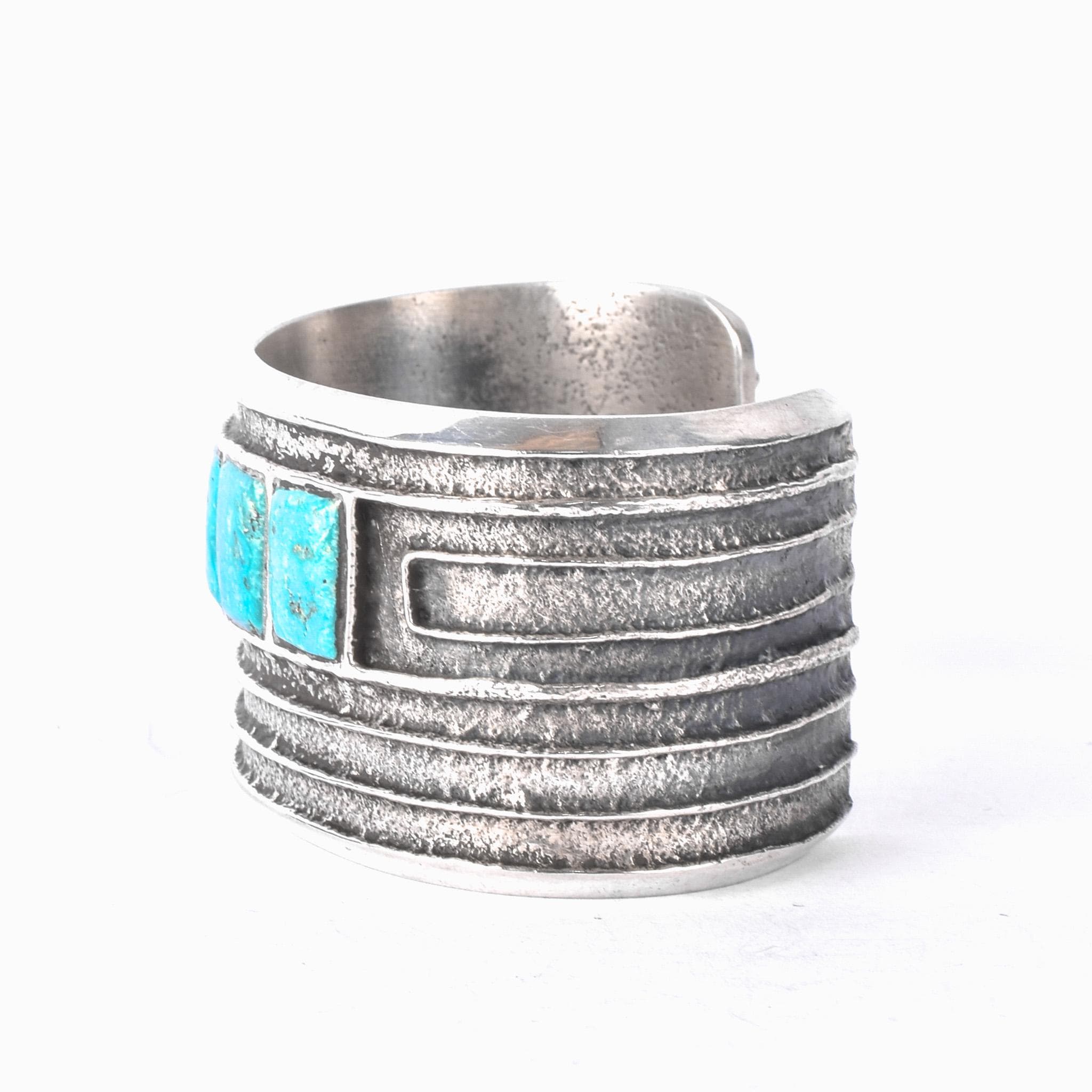 1950s Hopi Preston Monongye Cast Sterling Silver and Turquoise Modernist Cuff Bracelet