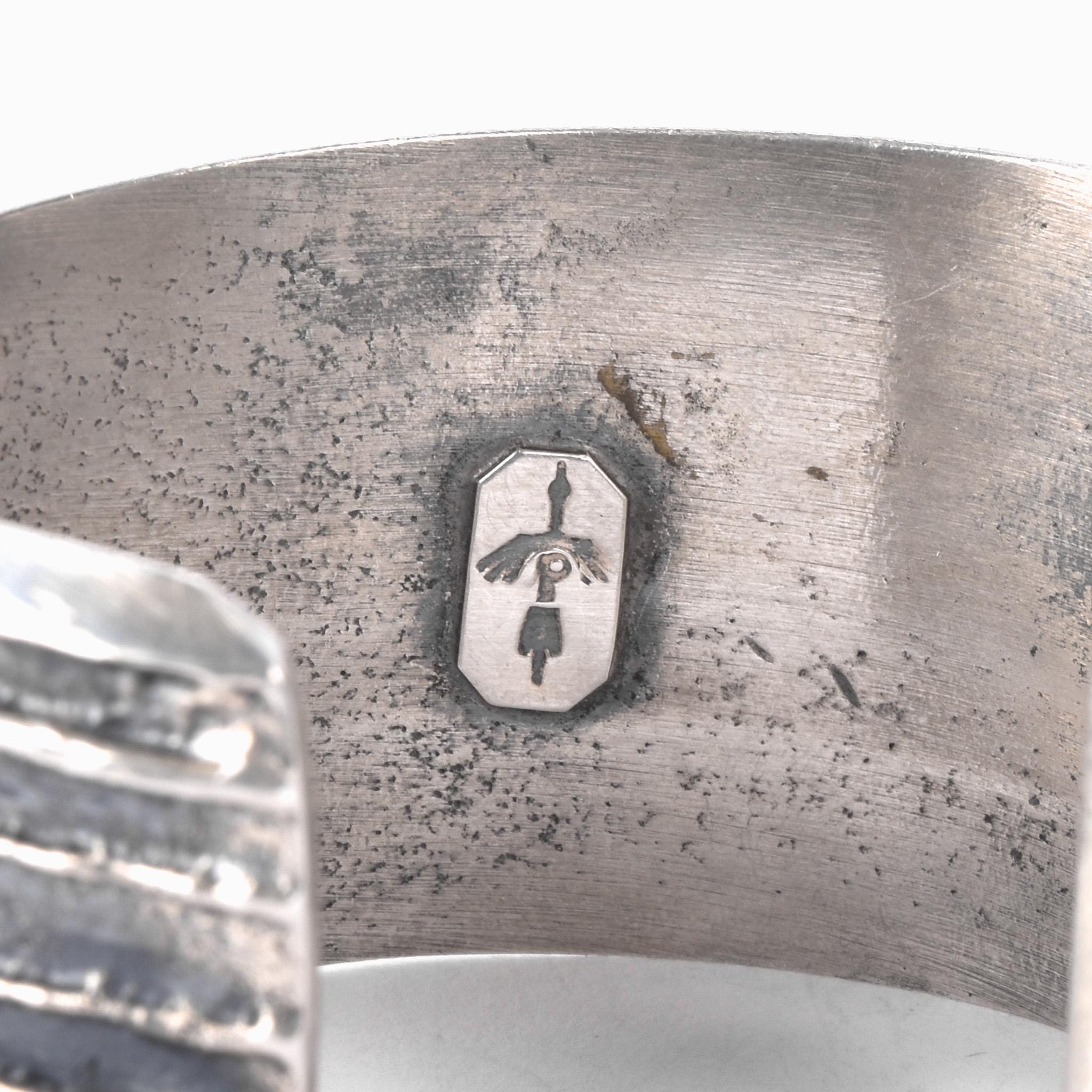 1950s Hopi Preston Monongye Cast Sterling Silver and Turquoise Modernist Cuff Bracelet