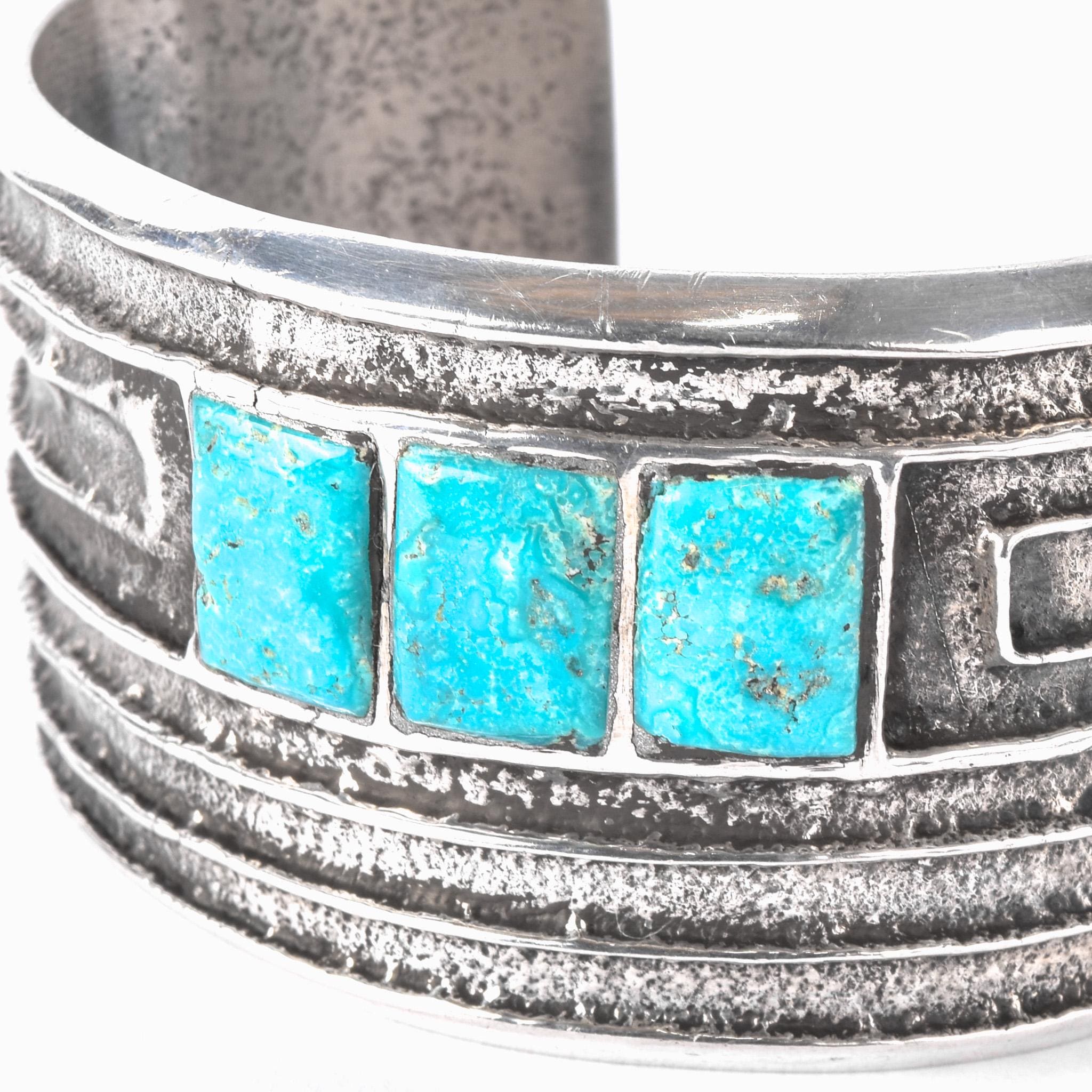 1950s Hopi Preston Monongye Cast Sterling Silver and Turquoise Modernist Cuff Bracelet