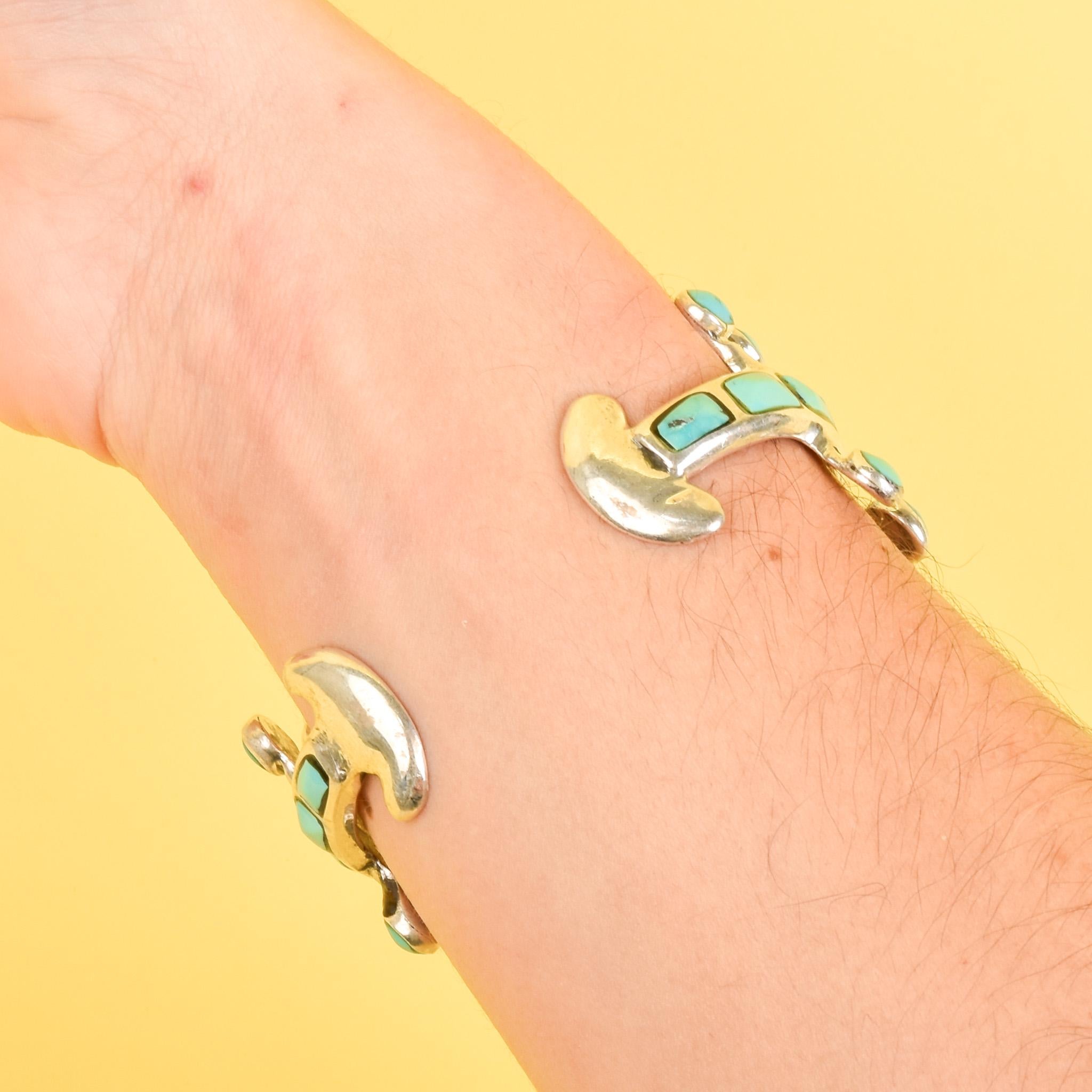 1970s Signed Jack Adakai Unique Sterling Silver & Turquoise Cuff Bracelet