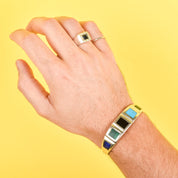 Taxco Sterling Silver Malachite & Turquoise Multi-Gemstone Inlay Bracelet