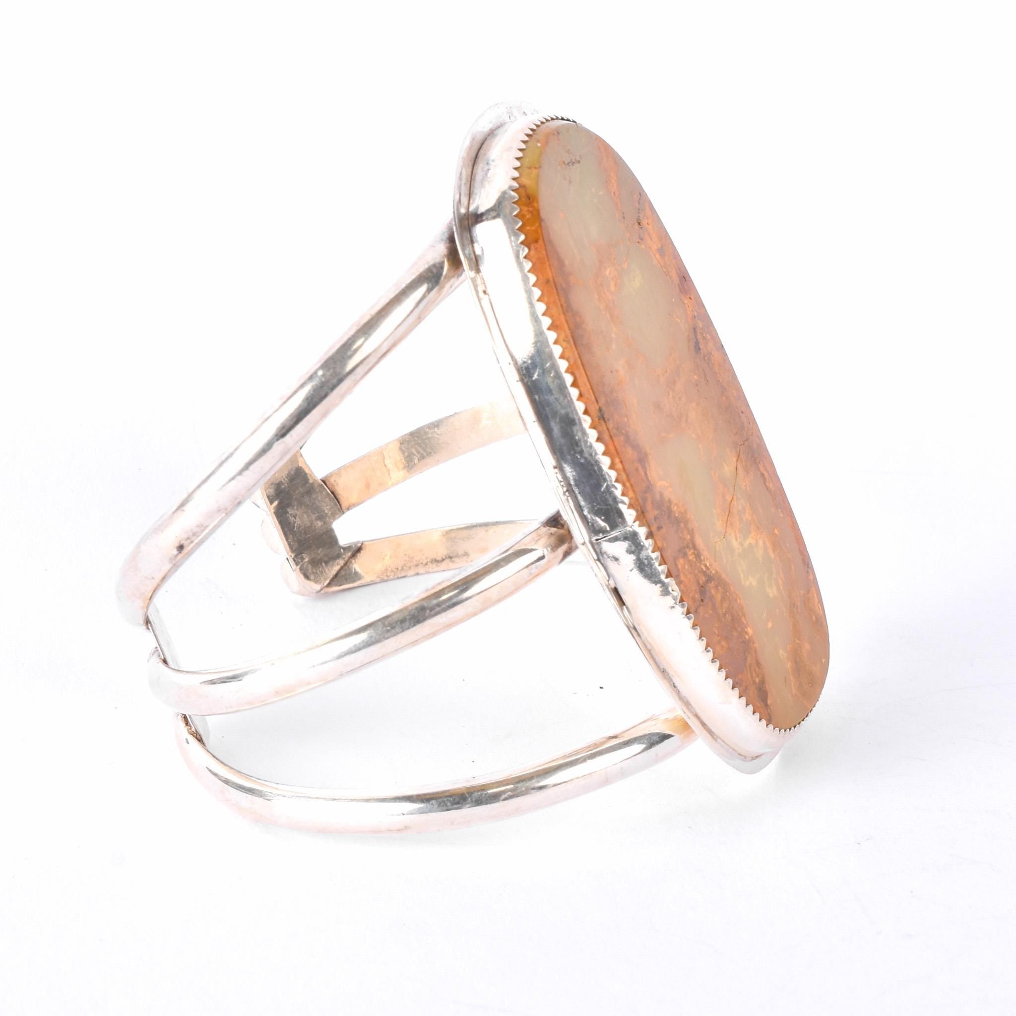 Vintage Massive Green Onyx Sterling Silver Cuff Bracelet, 6in