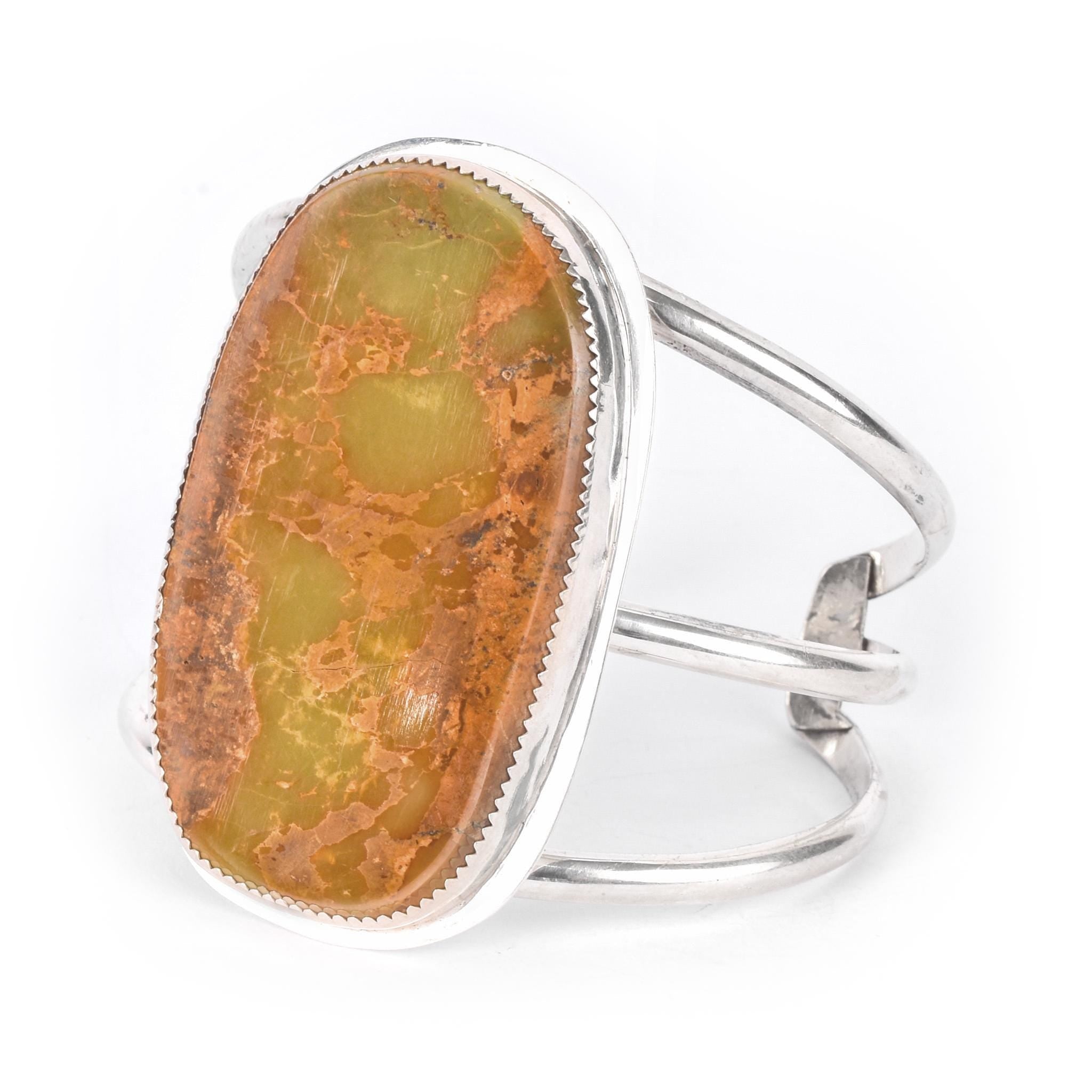 Vintage Massive Green Onyx Sterling Silver Cuff Bracelet, 6in