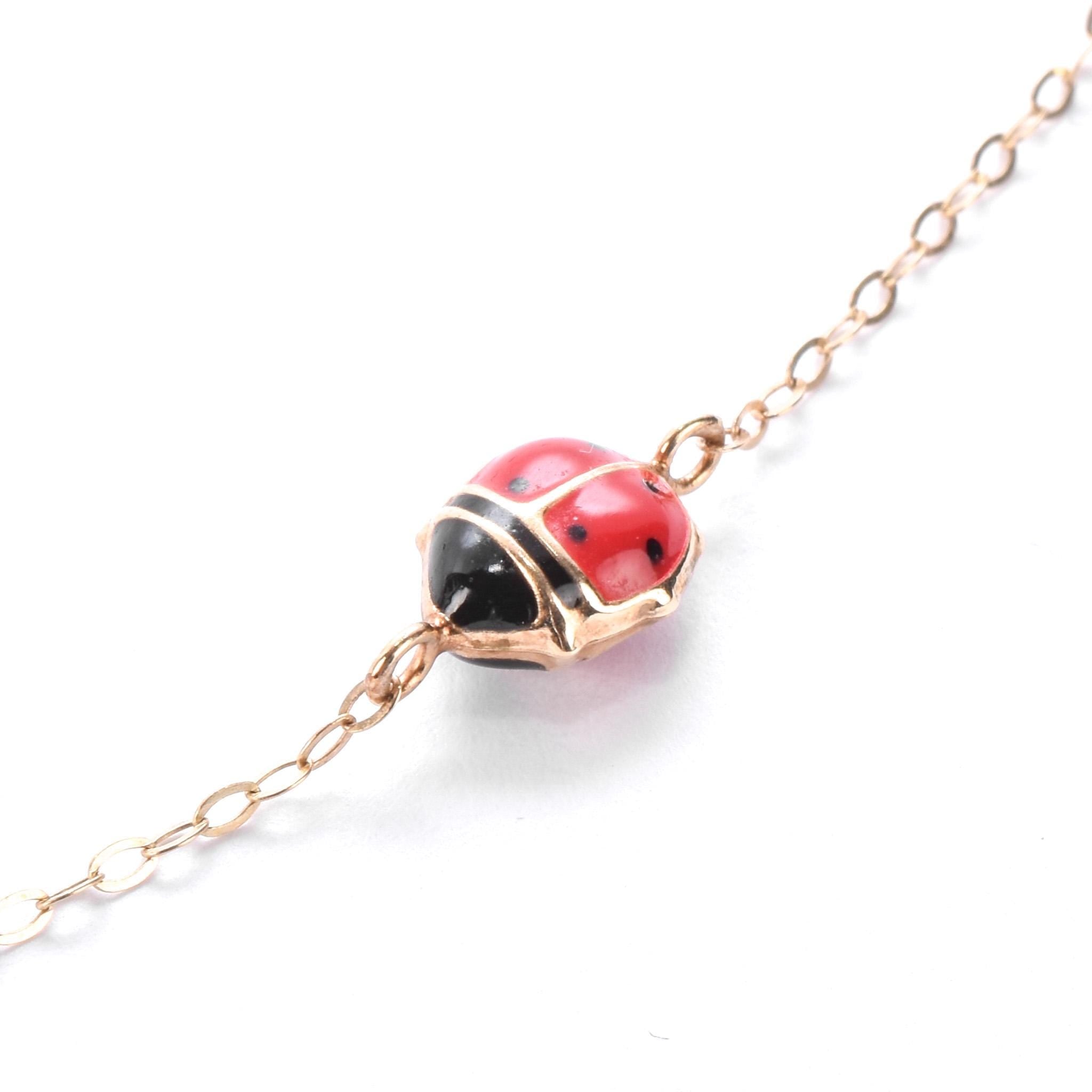 10K Gold Enamel Lady Bug Chain Necklace