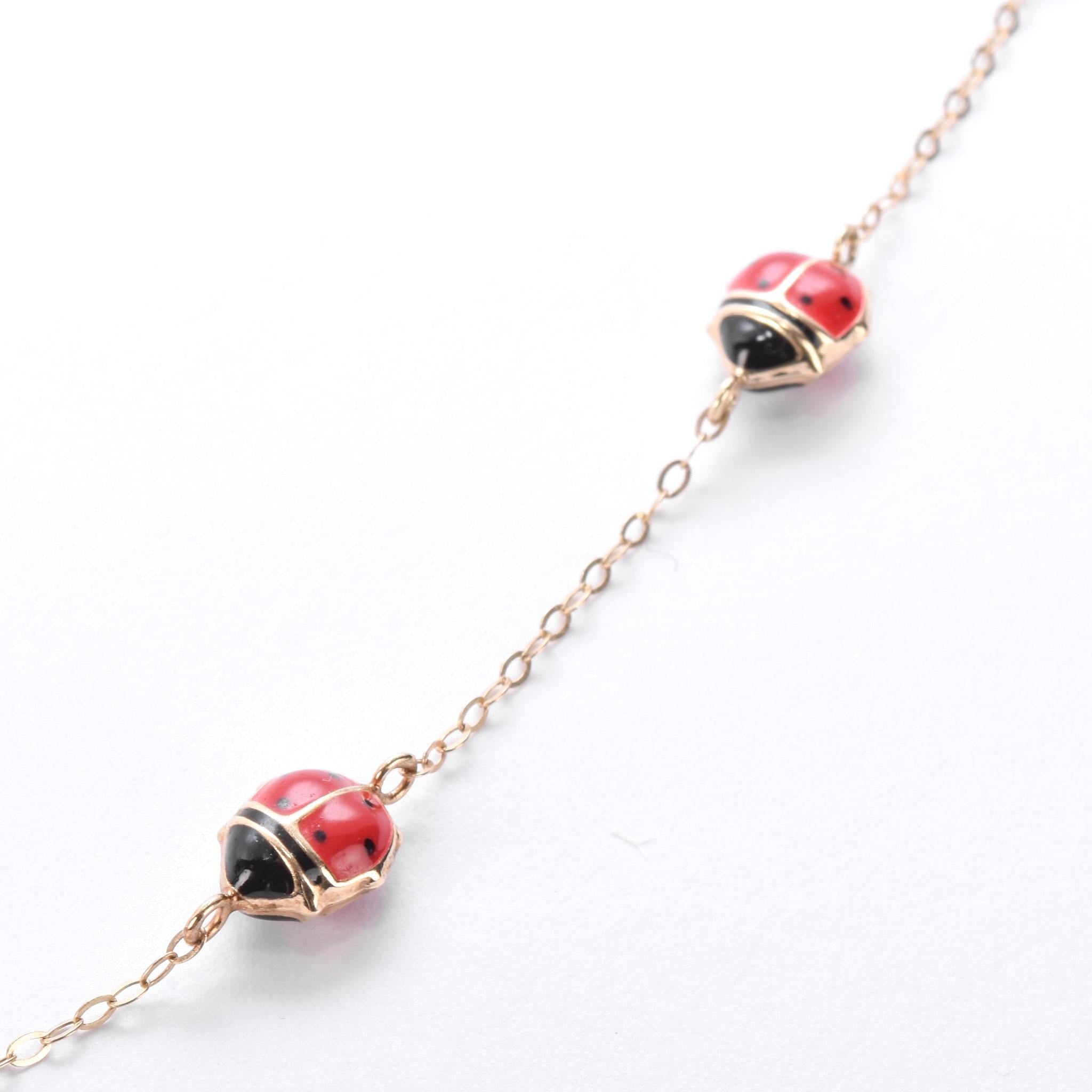 10K Gold Enamel Lady Bug Chain Necklace