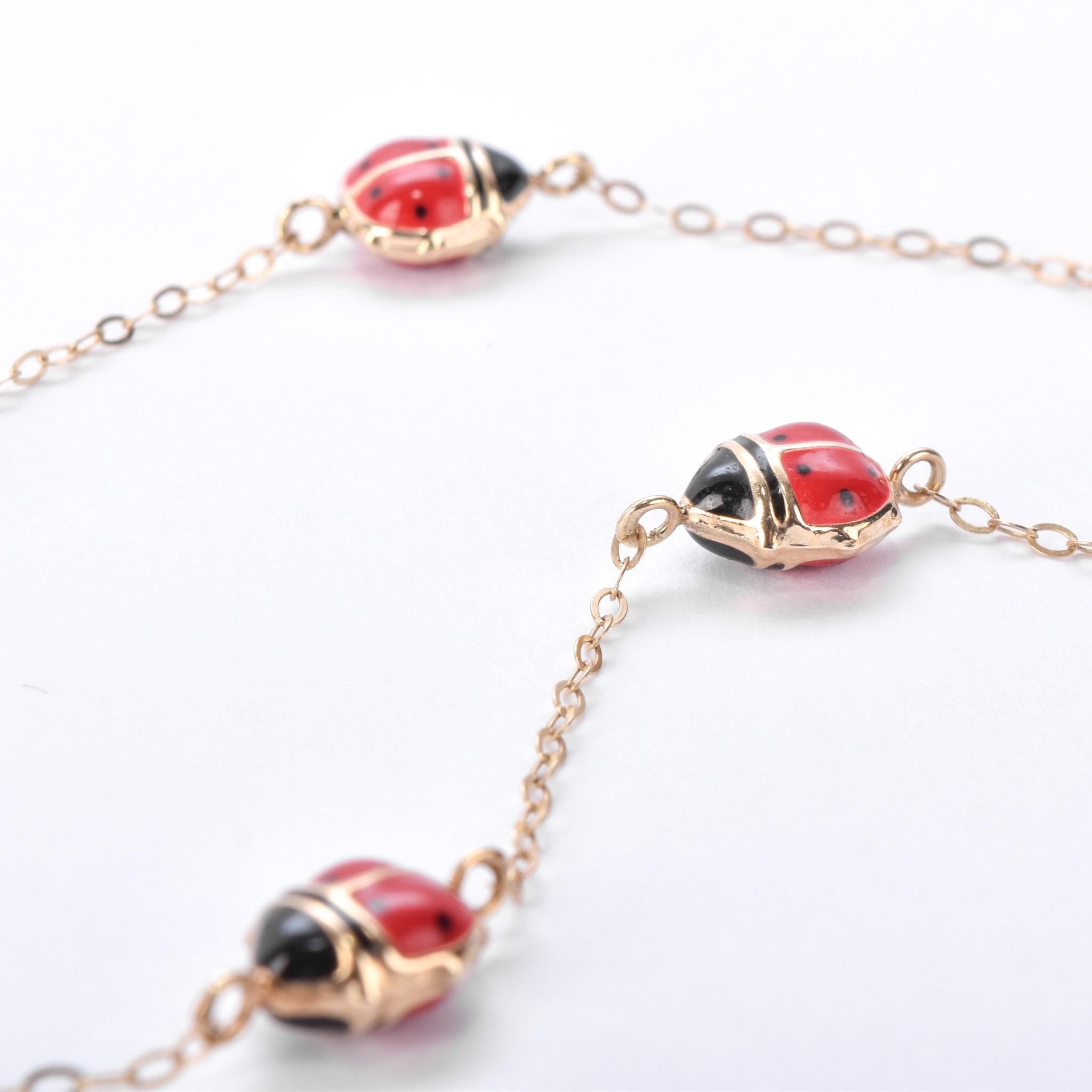 10K Gold Enamel Lady Bug Chain Necklace